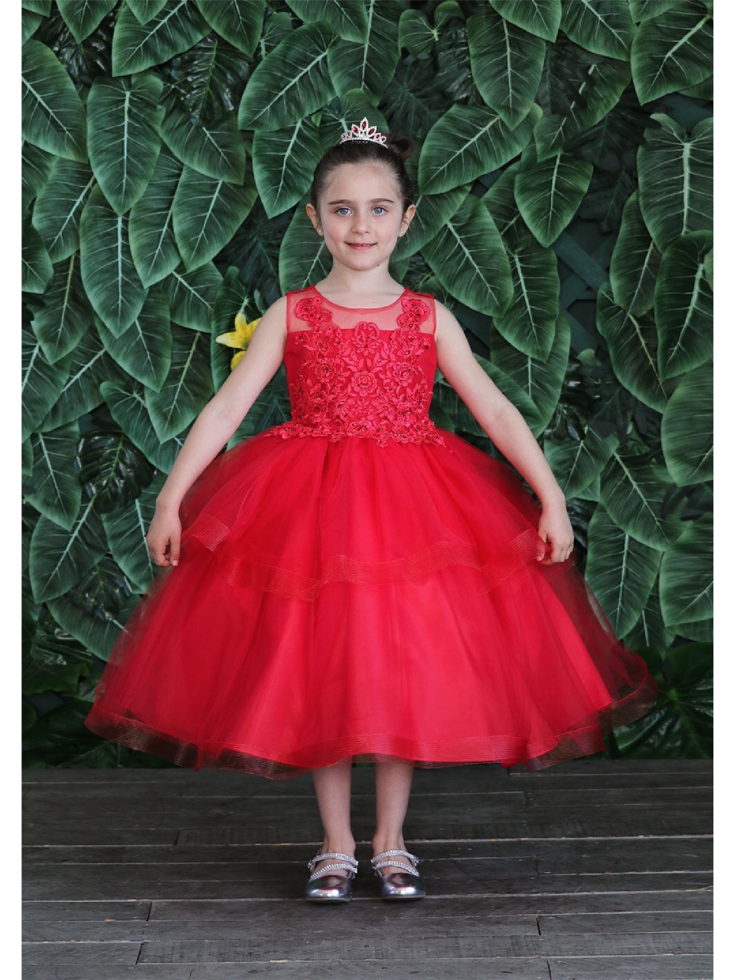Elegant Red Illusion Neckline Lace Organza Junior Bridesmaid Dress for Big Girls - Sizes 8-16 | Perfect for Weddings, Proms & Formal Events