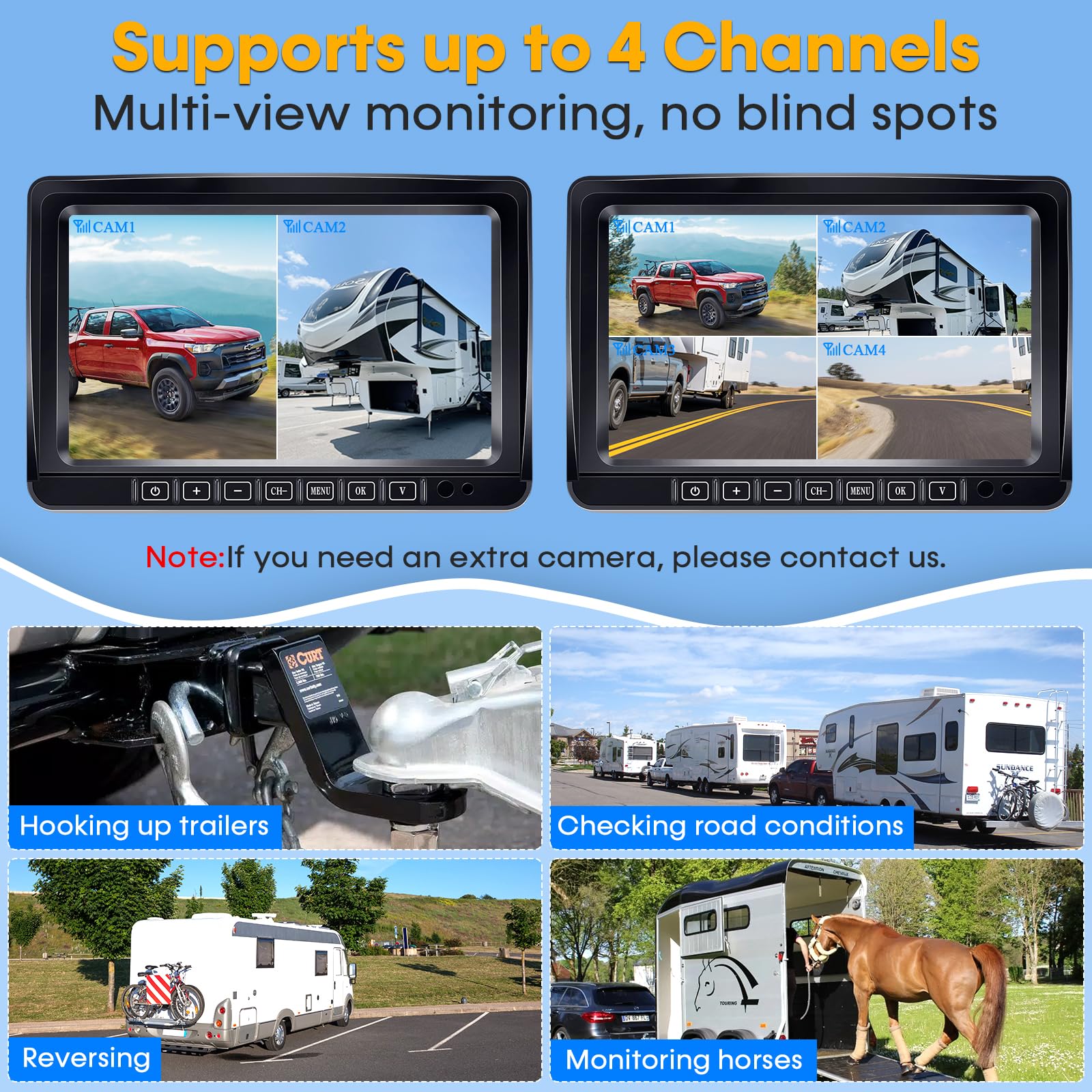 7-Inch Wireless RV Backup Camera for Trailer - Solar Powered HD 1080P Rear View Camera with Recording & 4 Channels | Strong Magnetic Mount, Long Battery Life | Perfect for Camper, Truck & Fifth Wheel | Easy Setup for Safe Parking & Reversing