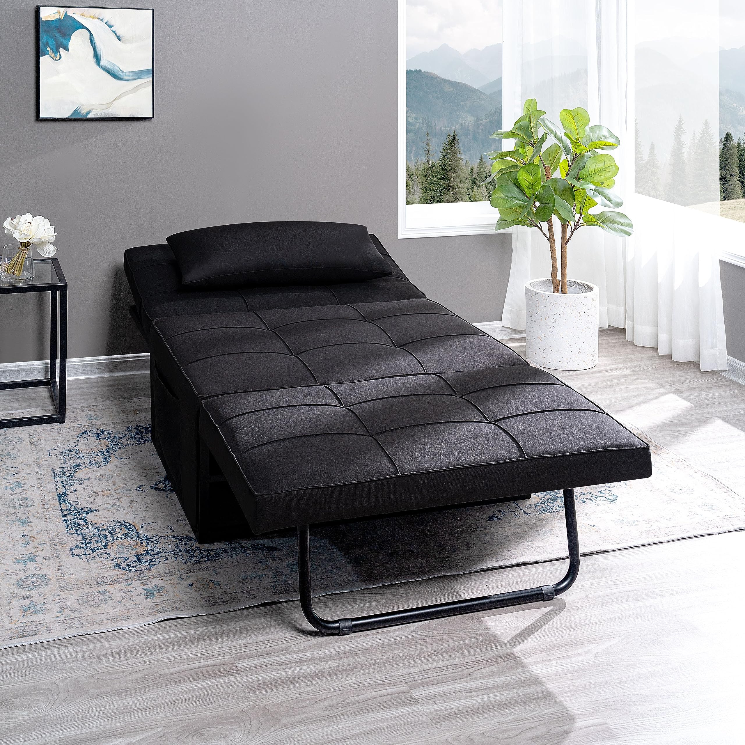 4-in-1 Convertible Sleeper Chair Bed with Adjustable Backrest - Breathable Linen Ottoman Sofa Bed for Living Room, Guest Room & Small Spaces - Modern Multi-Functional Furniture (Black)