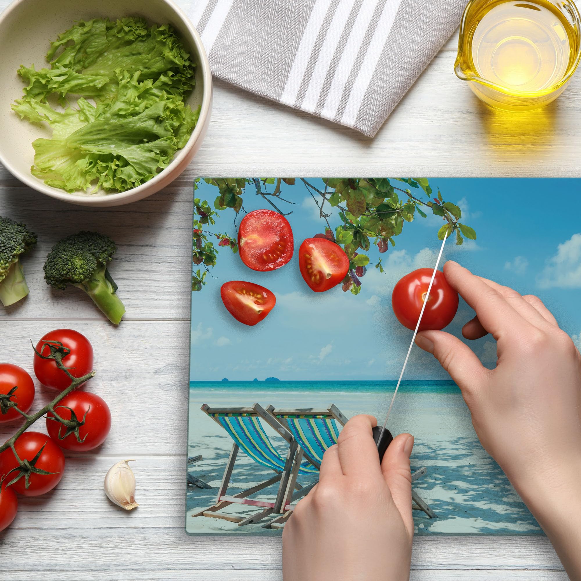 Lunarable Seaside Tempered Glass Cutting Board - Large Turquoise Blue Decorative Serving Board with Beach Chairs Under Tree Shade Design | Perfect for Kitchen Prep, Charcuterie Display & Coastal-Themed Home Decor
