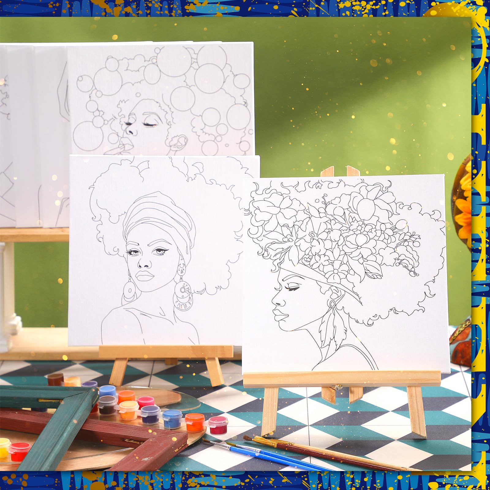 Affrolling 12-Piece Pre-Drawn 8x8 Inch Canvas Painting Kit for Adults - Ready-to-Paint Stretched Canvas with Drawing for Beginner Artists, DIY Art Projects & Date Night Party Supplies (Black Girl Portrait) - Perfect for Home Decor, Gift Ideas & Creative Relaxation