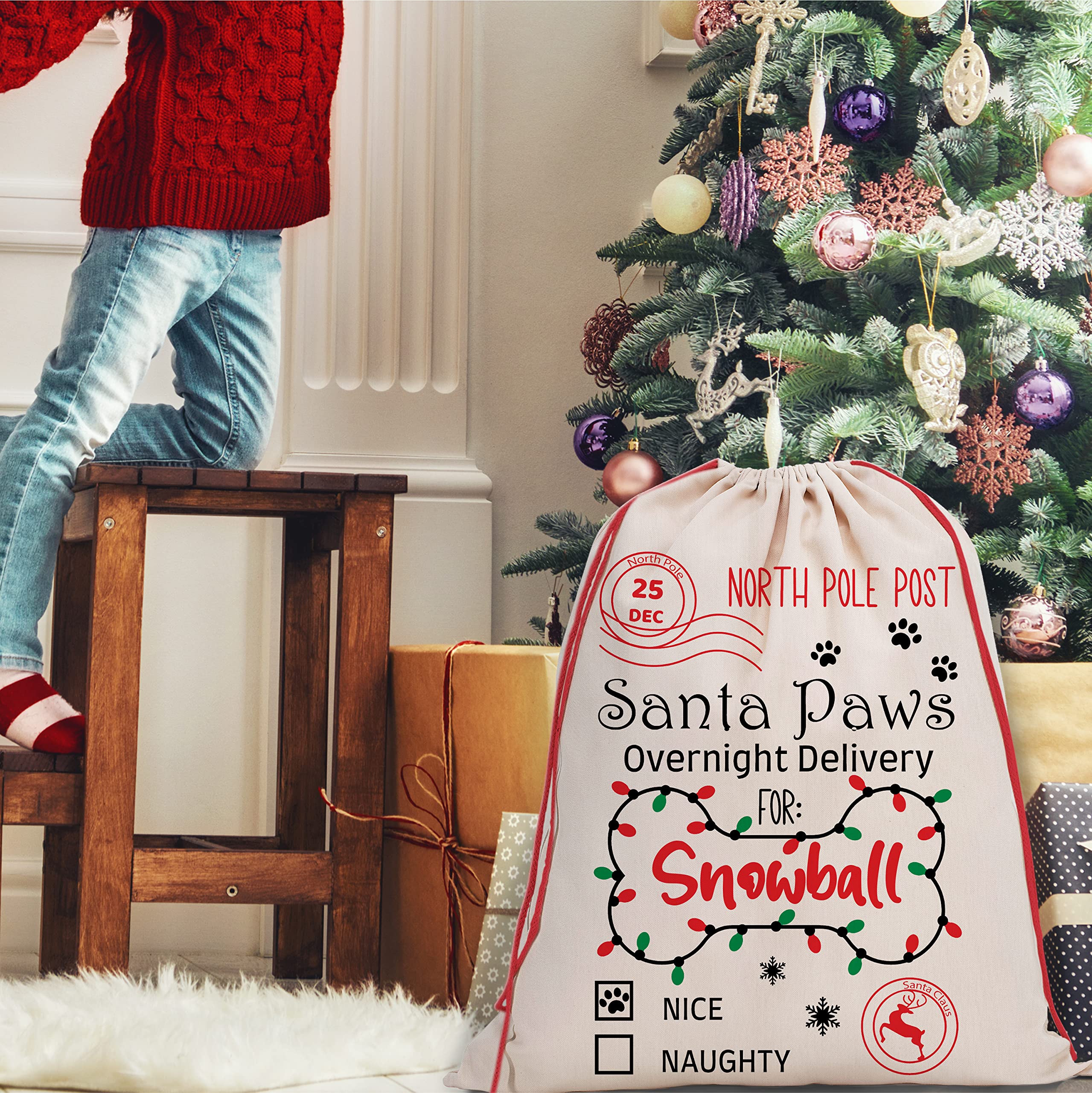 Personalized Santa Sack Gift Set of 4 - Custom Christmas Stocking Bags with Name - 9 Festive Design Options - 27.6