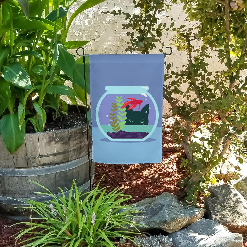 Black Cat Staring at Betta Fish Bowl - Outdoor Garden Yard Decorative Flag for Patio, Lawn & Home Decor - Perfect for Halloween, Pet Lovers & Unique Housewarming Gifts