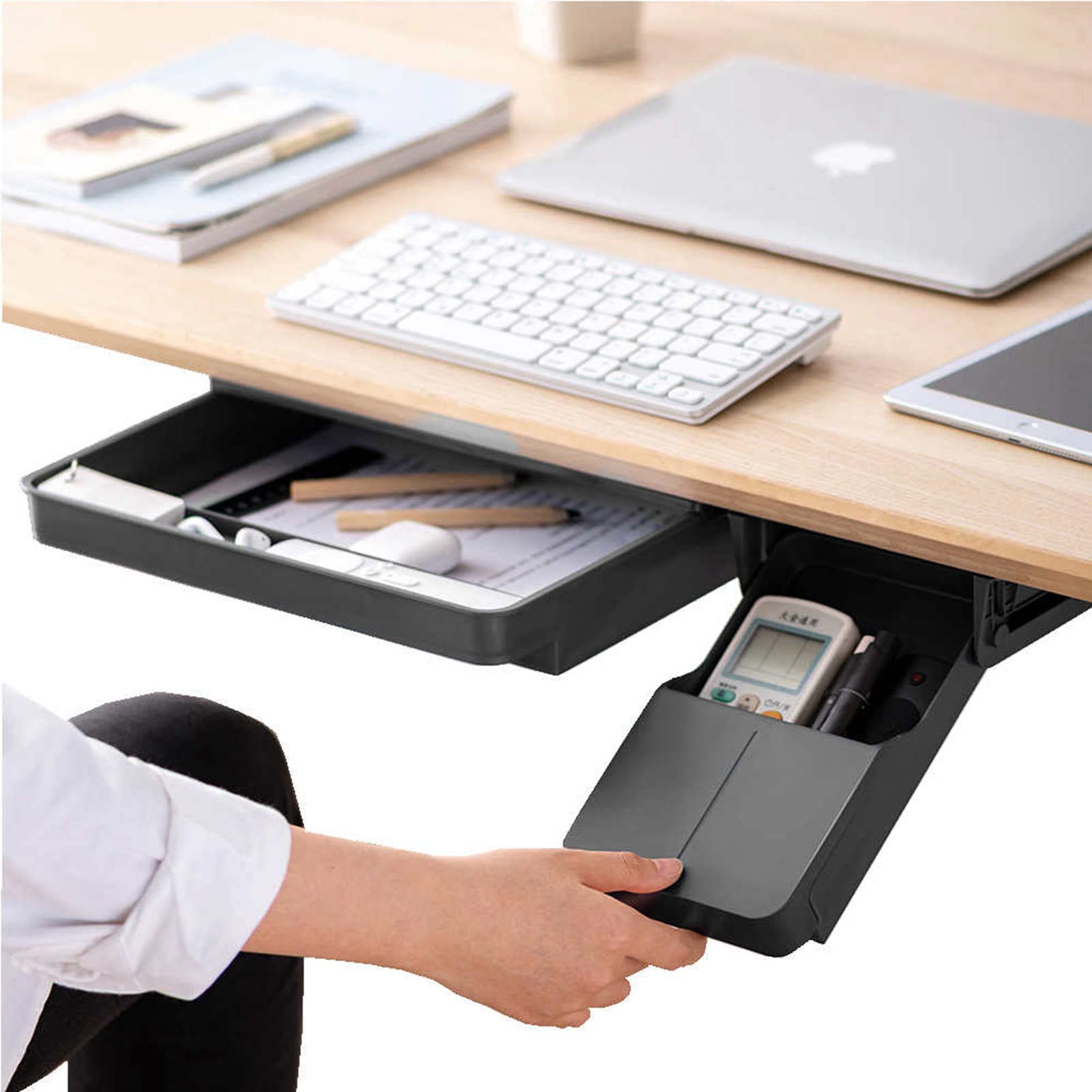 Under Desk Drawer Organizer Set (2-Pack) - Hidden Slide-Out Storage Trays with Self-Adhesive Mounting for Office, School & Home - Space Saving Desk Accessories for Pens, Papers & Office Supplies (Black)