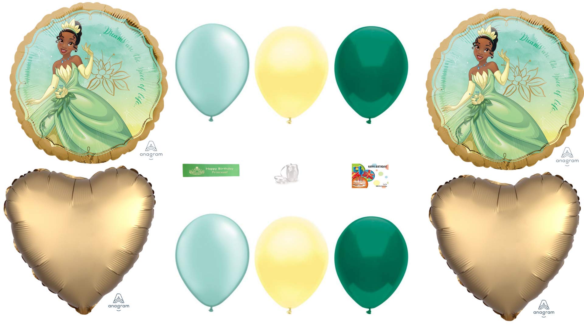 Disney Princess Tiana Balloon Bundle - 13 Piece Party Decorations with WGIS Printed Happy Birthday Ribbon for Birthday Parties, Baby Showers & Disney Themed Events