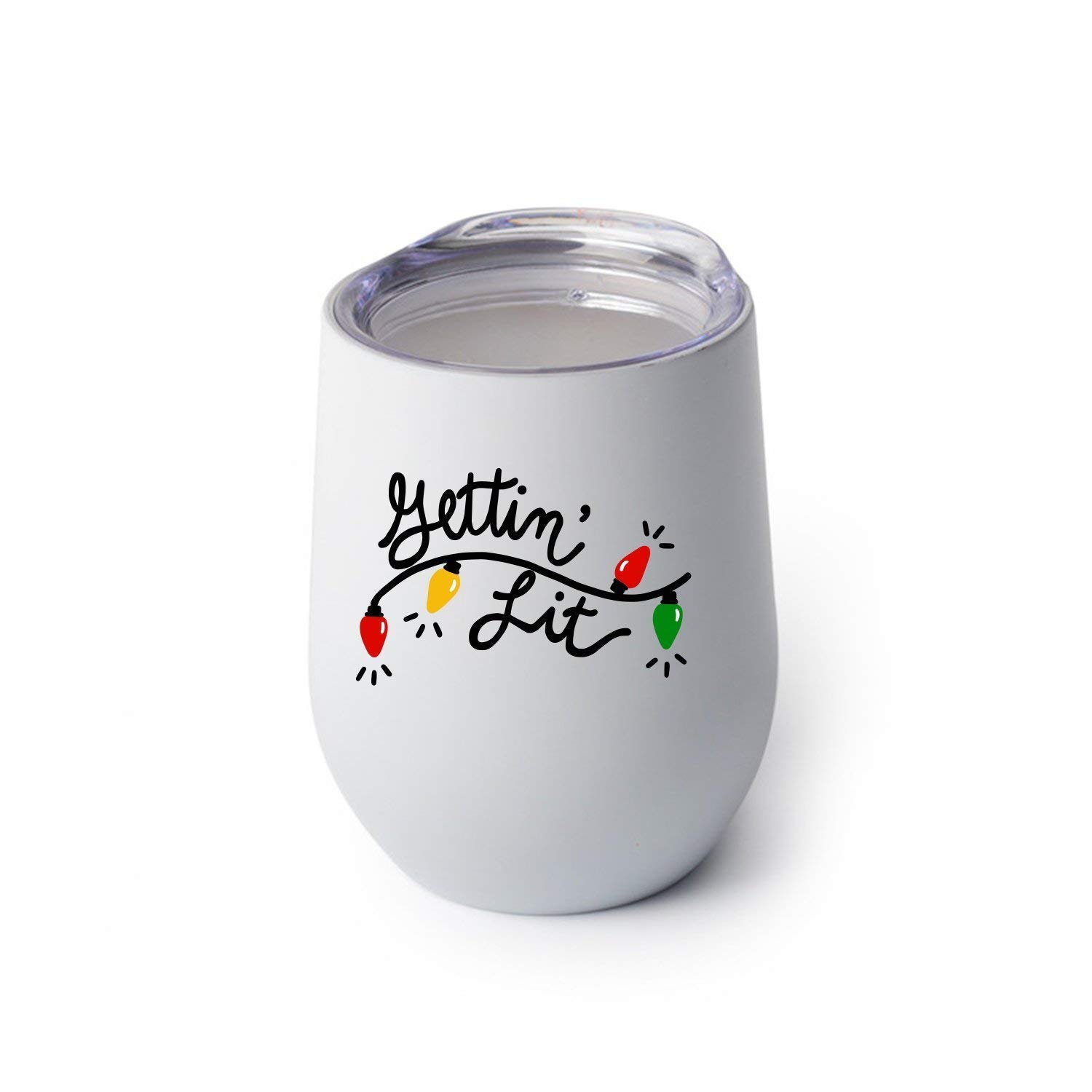 Gettin Lit Stemless Wine Tumbler with Lid - Christmas Themed Insulated Wine Glass for Holiday Parties, Gift Giving & Festive Celebrations