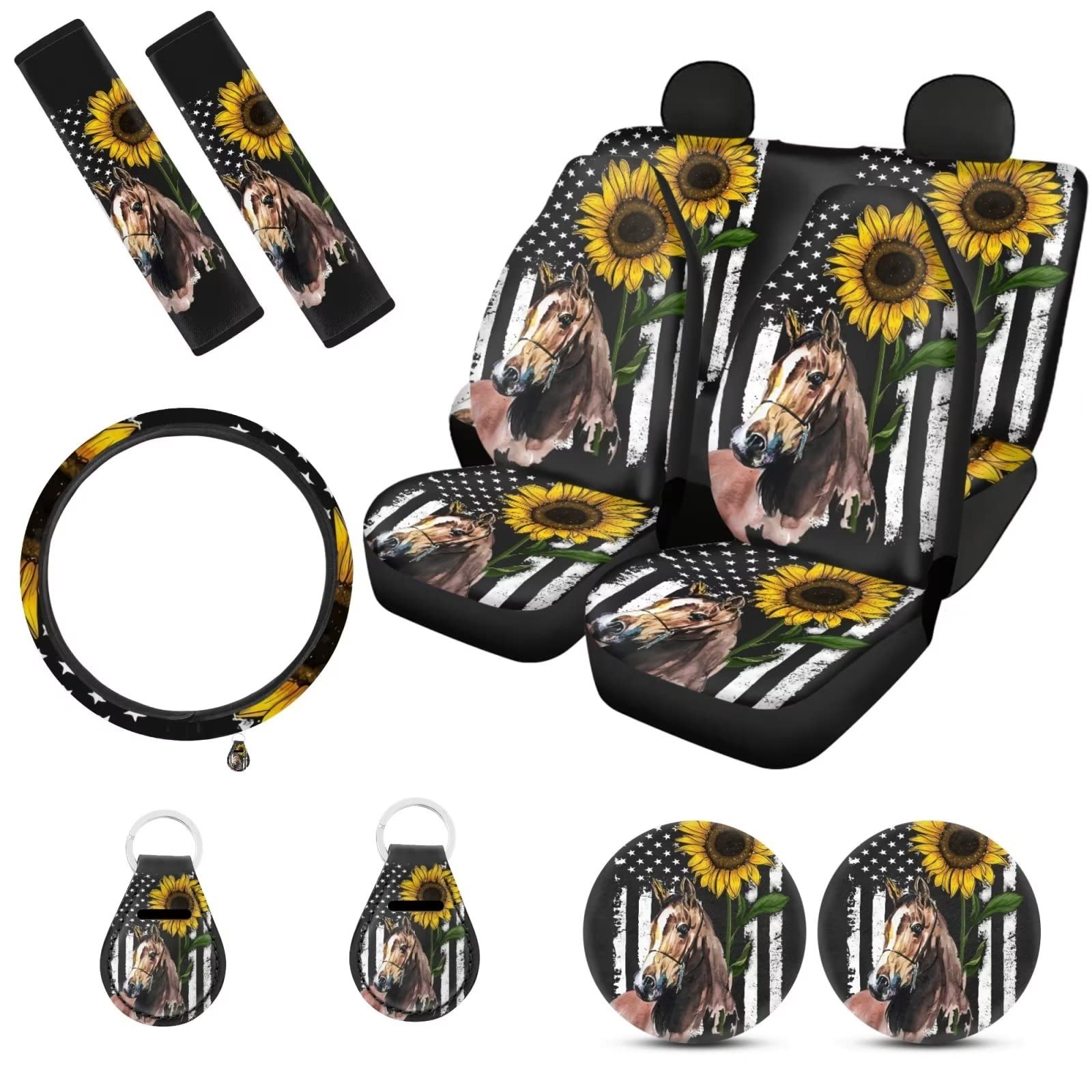 American Flag Horse Car Seat Cover Set - 11-Piece Sunflower Car Accessories for Women & Men | Includes Steering Wheel Cover, Seatbelt Strap Cover, Coasters & Key Chains | Perfect for Patriotic Decor, Road Trips & Car Protection
