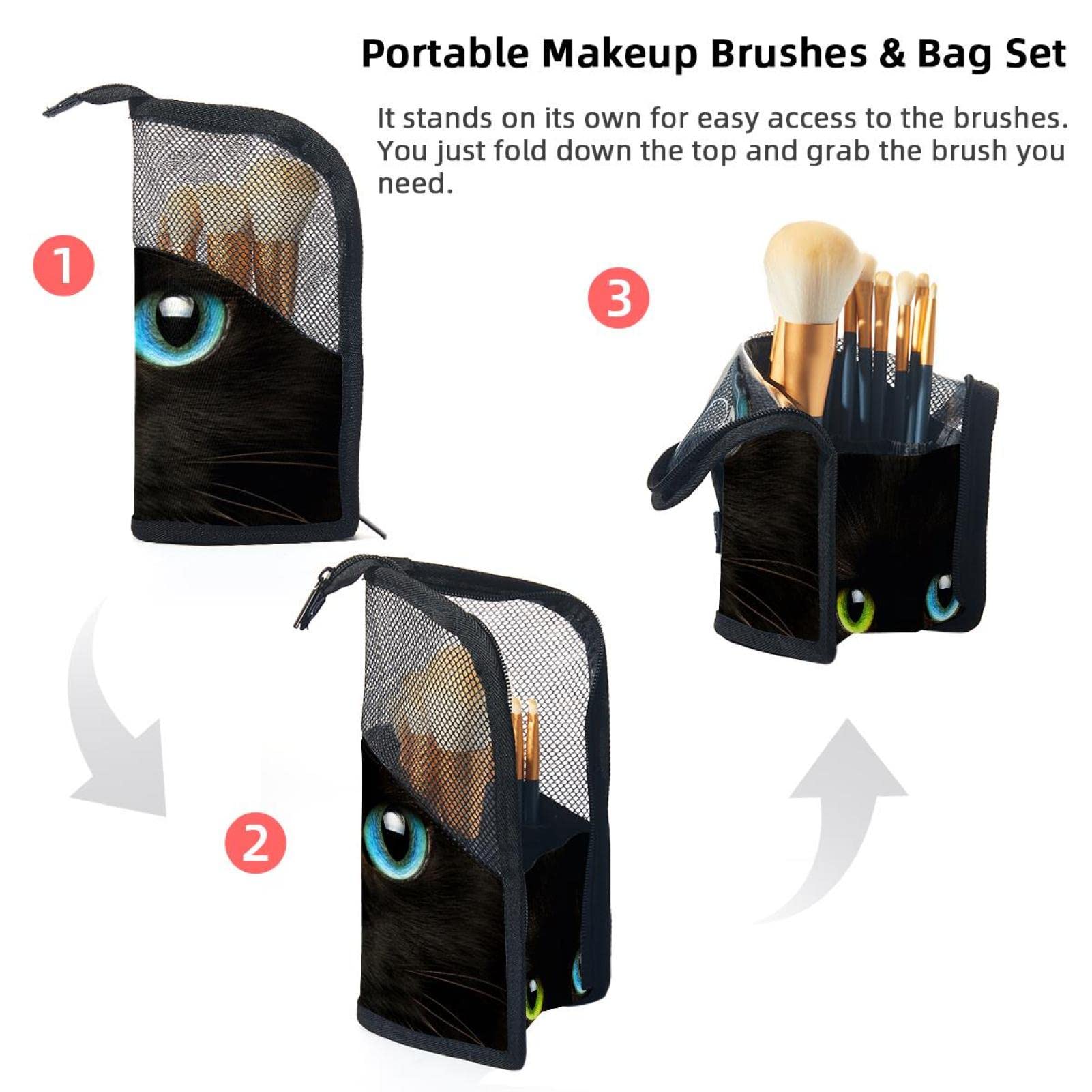 12-Piece Makeup Brush Organizer Bag with Cat Design - Portable Cosmetic Brush Holder Case for Travel & Home Storage - Cute Two-Tone Eye Cat Pattern Makeup Brush Pouch