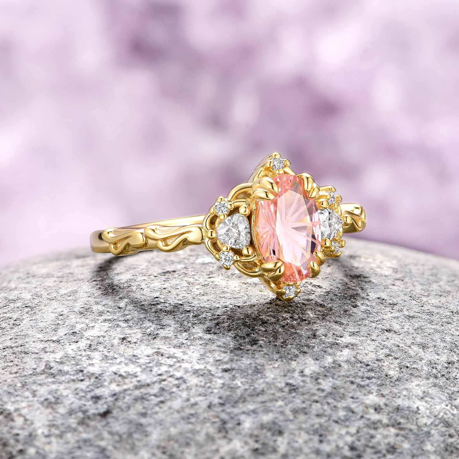 14K Solid Yellow Gold Morganite Star Cut Ring for Women | Elegant Engagement, Wedding, Anniversary Jewelry Gift