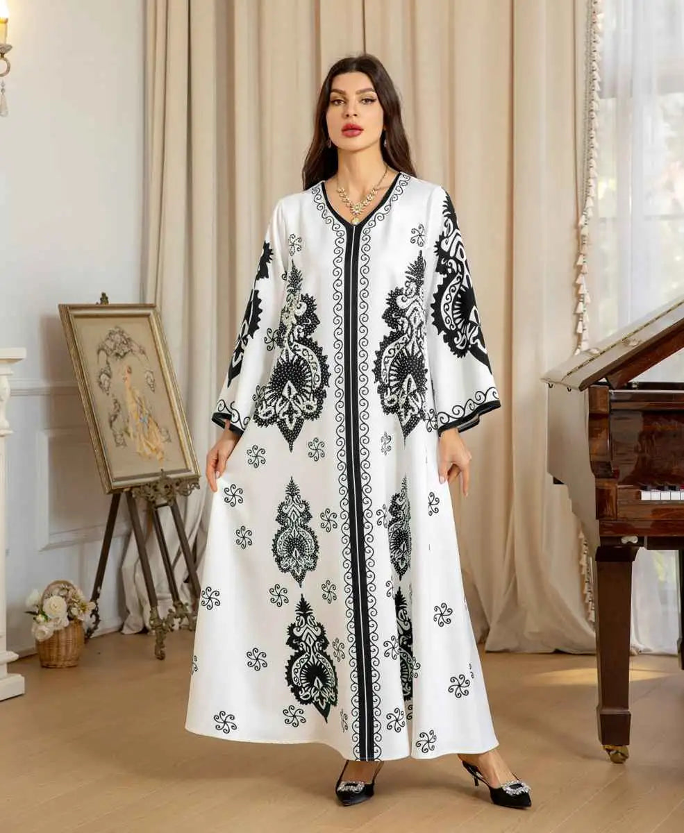 Elegant Muslim Women's Caftan Dress with Beads & Rhinestones for Eid Celebration - Perfect for Holiday Parties, Wedding Guest Outfits & Special Occasions