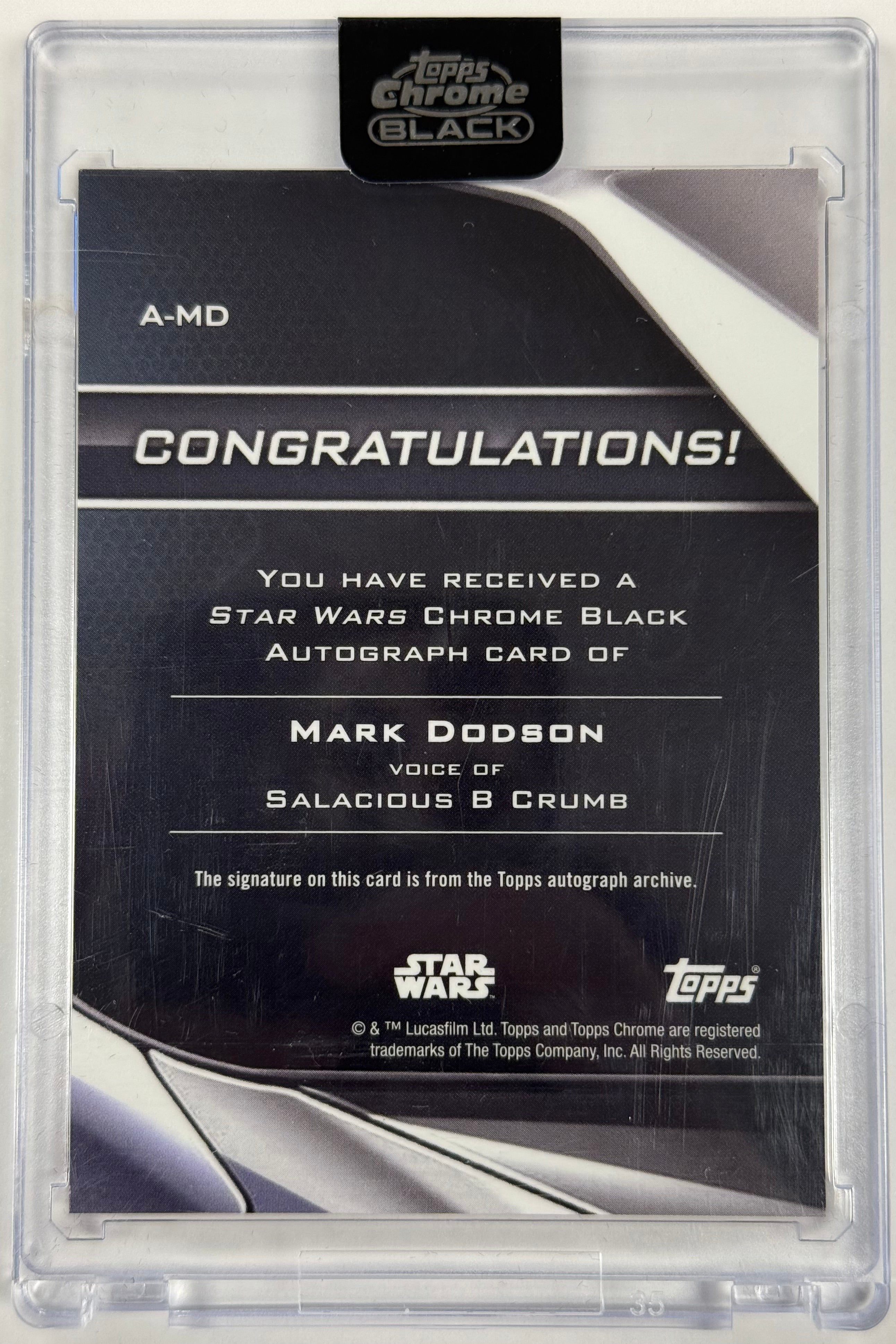 Topps Chrome Black Salacious B. Crumb Autograph Card 3/5 #A MD - Rare Star Wars Collectible for Display & Investment