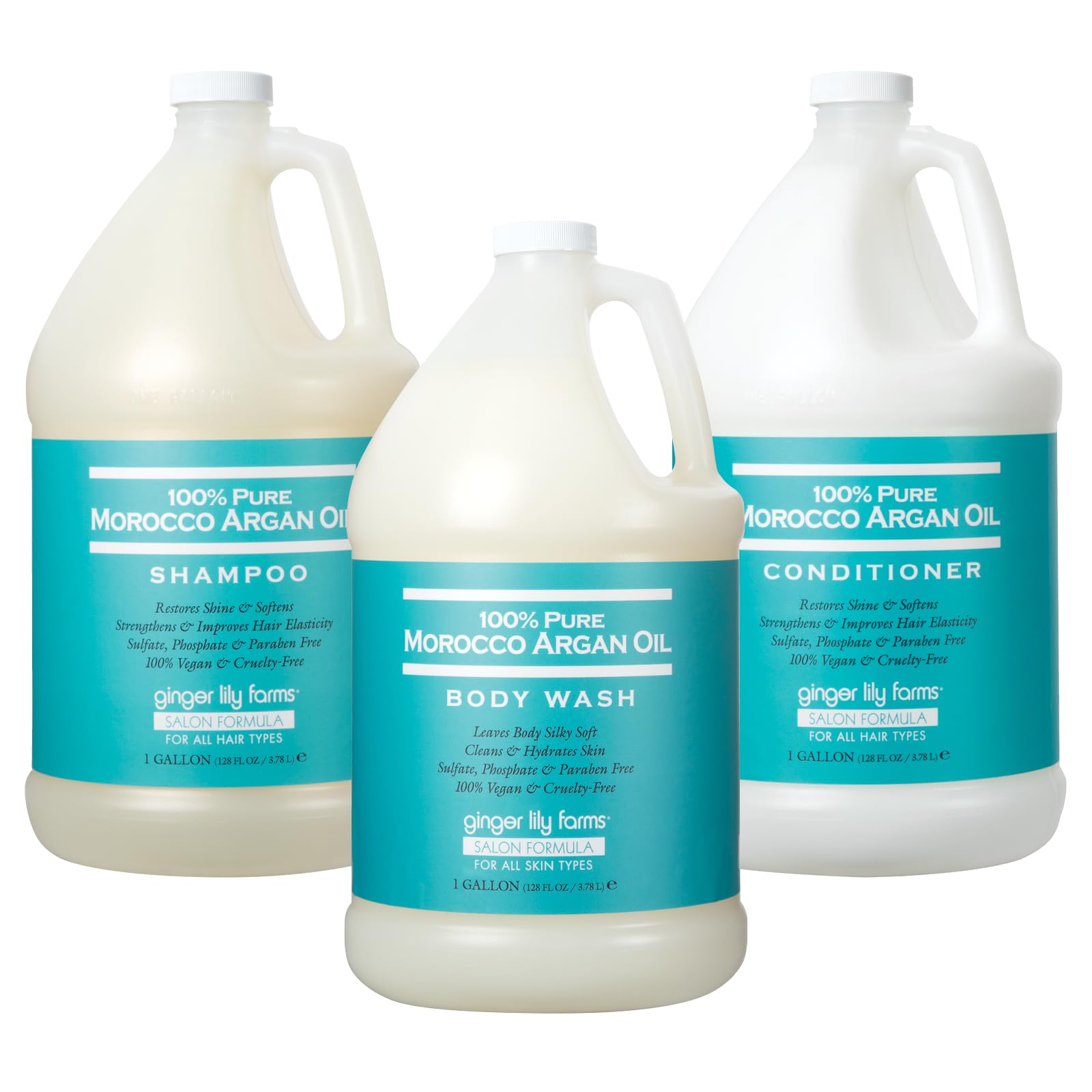 Ginger Lily Farms 100% Pure Moroccan Argan Oil Body Wash, Shampoo & Conditioner Set - 1 Gallon Each - Hydrating & Nourishing for Dry Skin & Damaged Hair - Perfect for Spa Day & Daily Hair Care Routine
