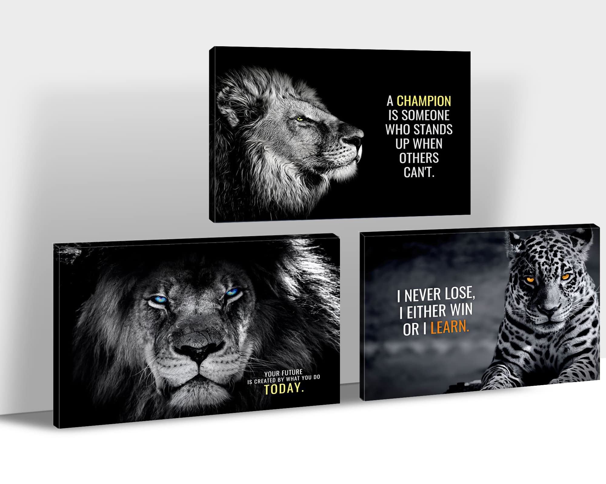 3-Piece Lion Motivational Wall Art Canvas Prints - Inspirational Office Decor with Animal Quotes, Black & White Positive Affirmations Poster for Home & Workplace (24”x36”x3Pcs) - Perfect for Living Room, Bedroom or Office Wall Decoration