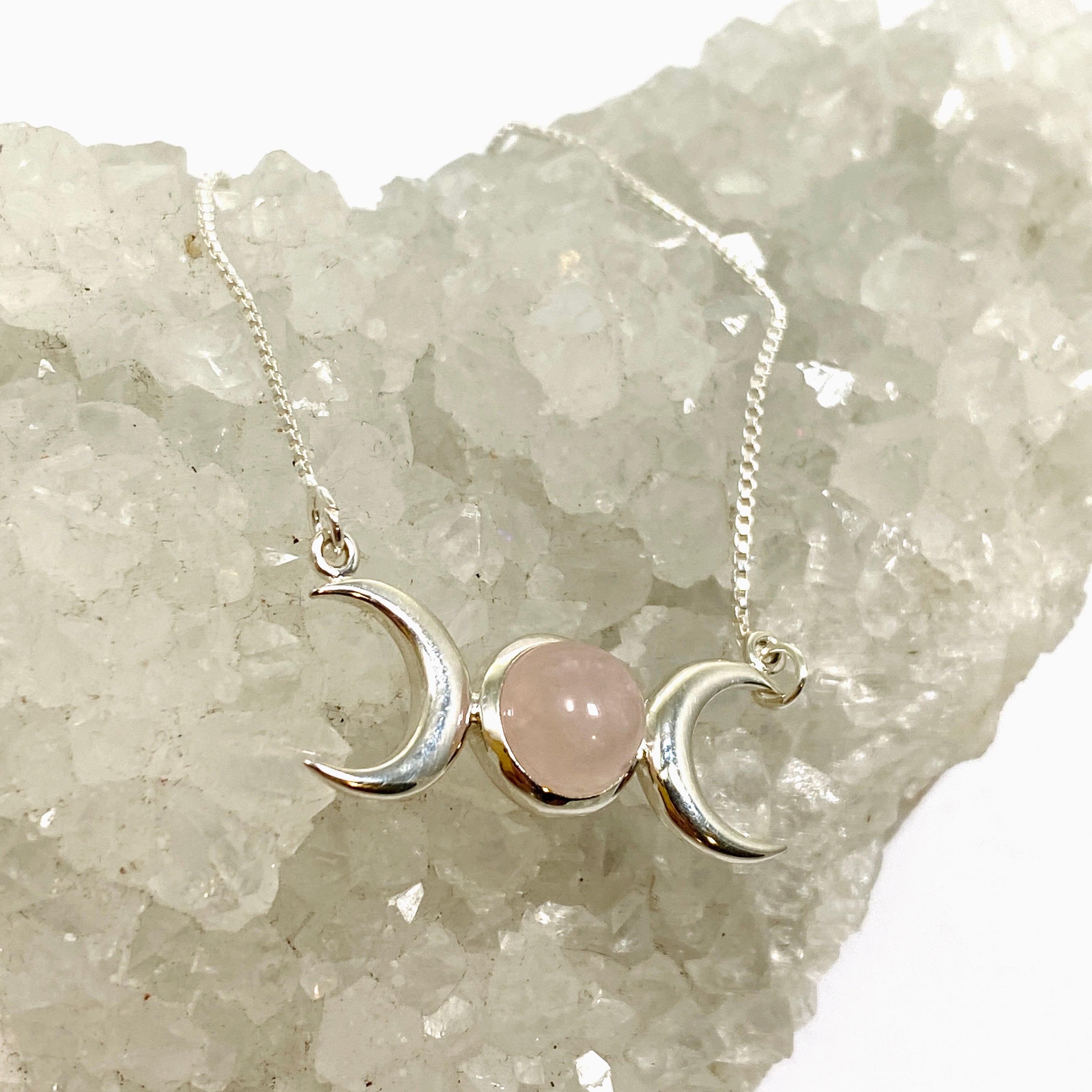 Rose Quartz Triple Goddess Necklace - Healing Crystal Jewelry for Women, 925 Sterling Silver Pendant with Chain, Spiritual Gift for Meditation, Yoga & Energy Balancing (Style NK342 RQ)