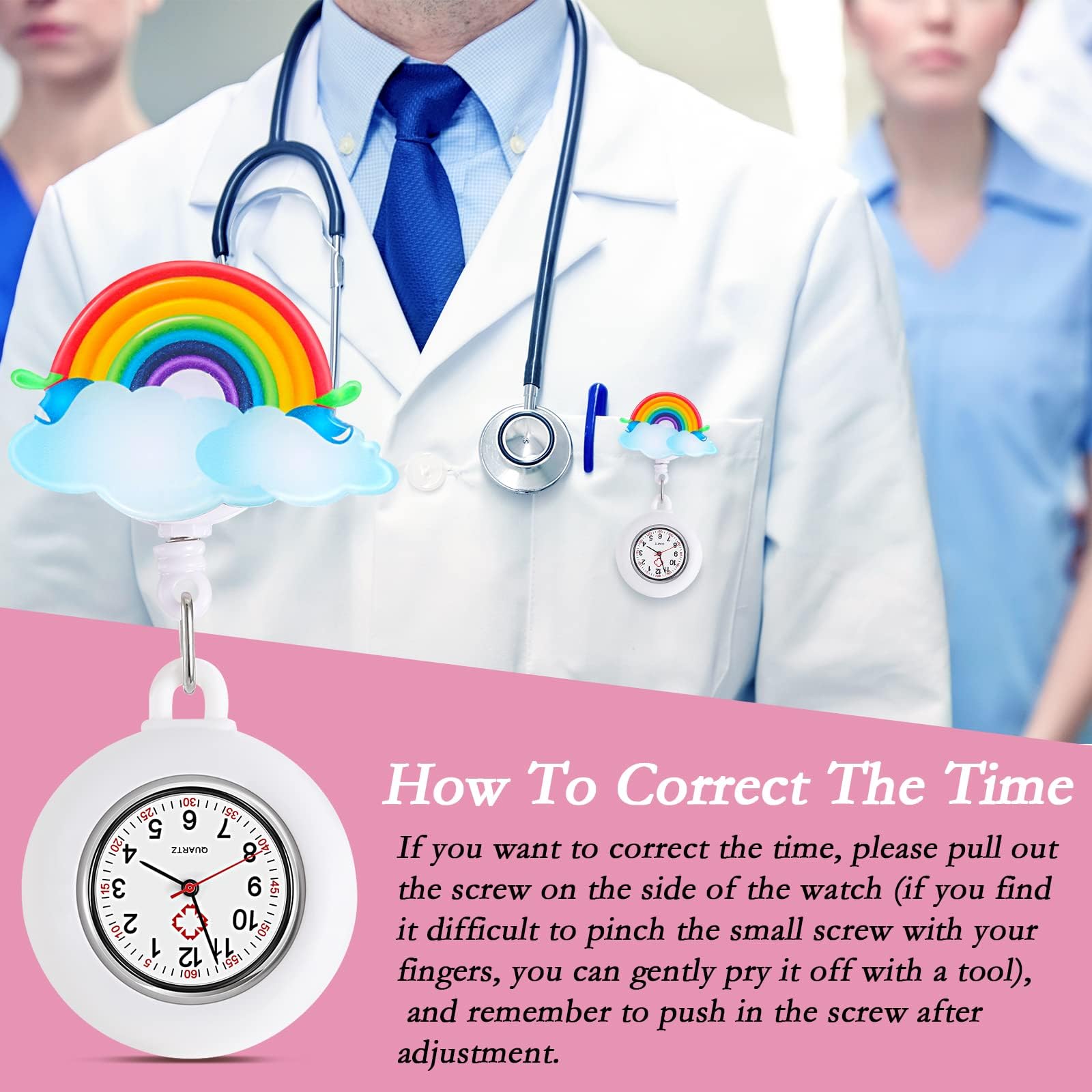 2PCS Rainbow Nurse Fob Watch - Silicone Clip-On Retractable Nursing Watch for Women, Doctors & Medical Professionals | Waterproof, Easy-to-Read with Second Hand | Perfect for Hospital Shifts, Clinical Work & Healthcare Settings