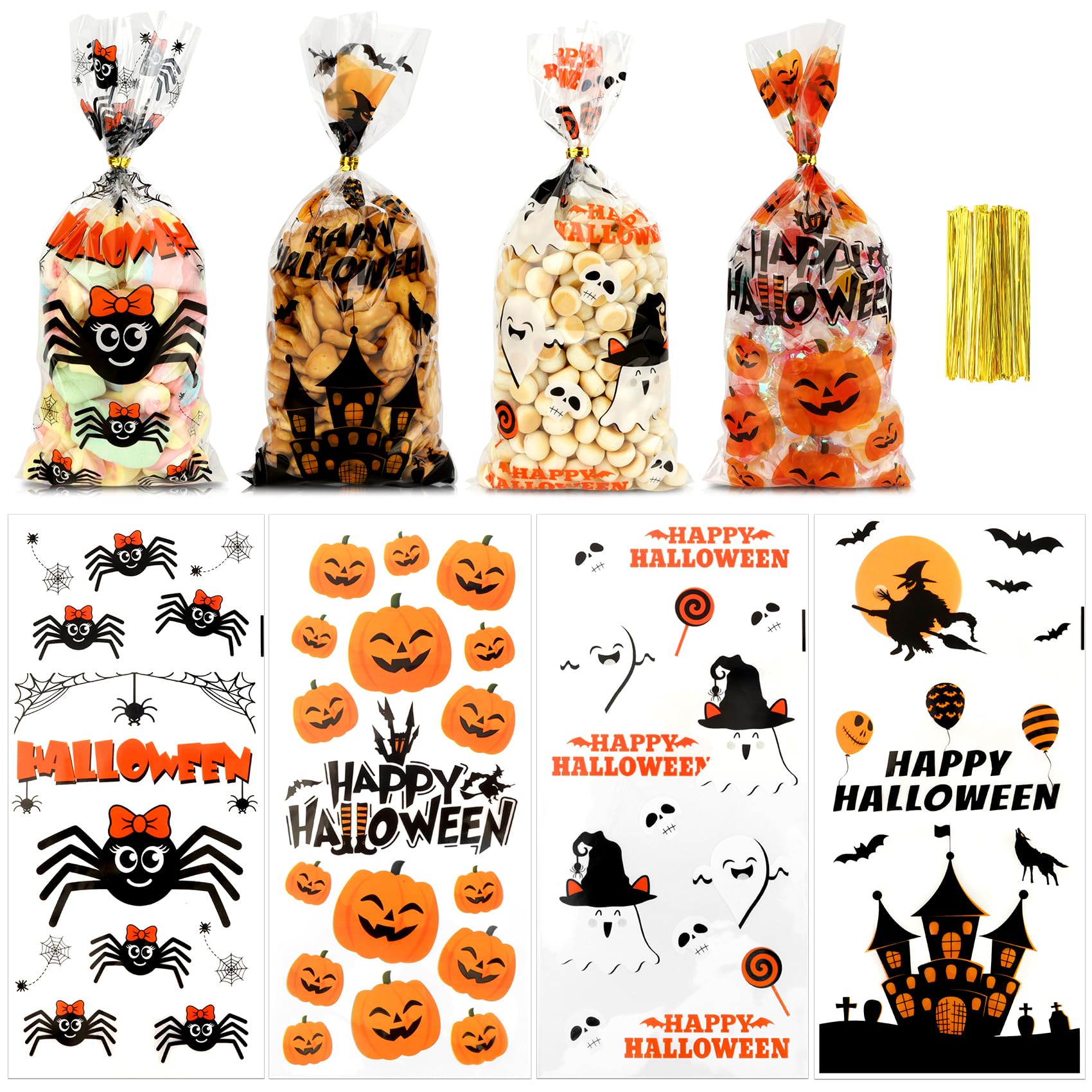 Halloween Treat Bags 60 Pack - 4 Styles Halloween Cellophane Candy Bags with Twist Ties for Trick or Treat, Party Favors & Goodie Bags - Perfect for Halloween Parties, School Events & Neighborhood Treating