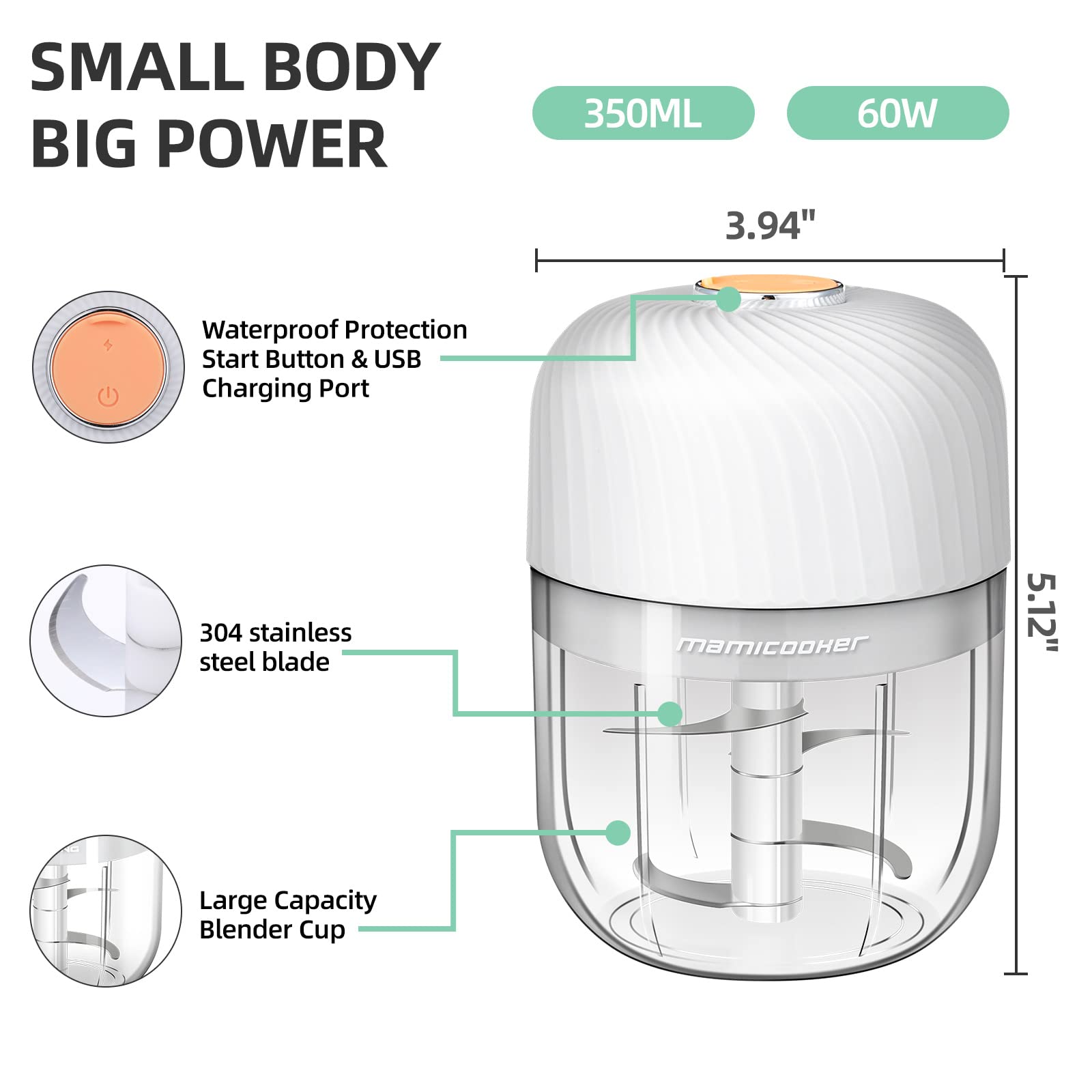 Electric Garlic Chopper & Vegetable Chopper - 350ML Cordless Food Processor for Ginger, Onion, Chili, Fruit, Meat & Spices | Portable Blender for Kitchen, Camping & Meal Prep | Easy Clean & Quick Chop