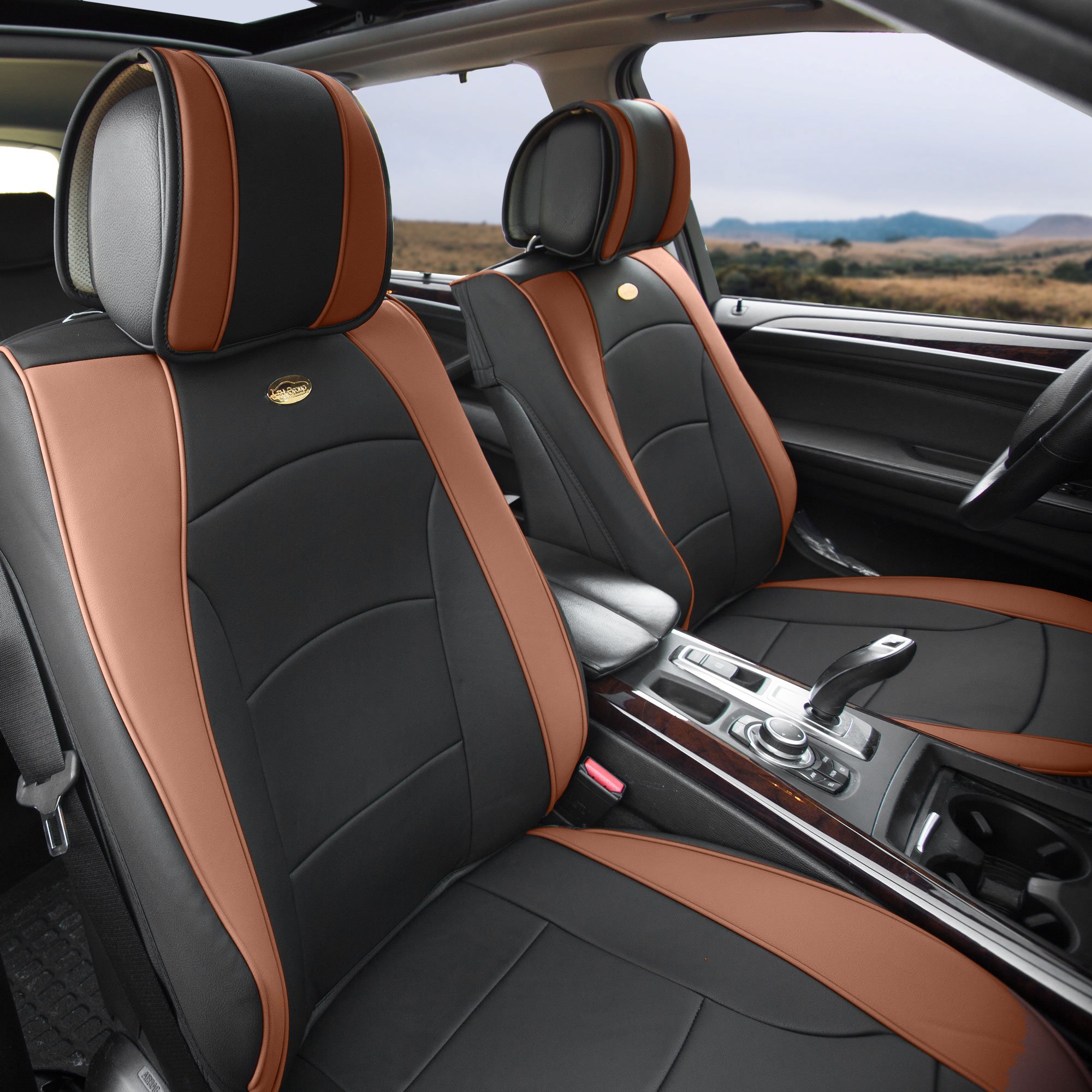 Premium FH Group Car Seat Covers - Universal Fit for Cars, Trucks & SUVs | Ultra Comfort Deluxe Leatherette in Brown/Black | Waterproof & Durable Seat Protector | Perfect for Daily Commute, Road Trips & Family Travel