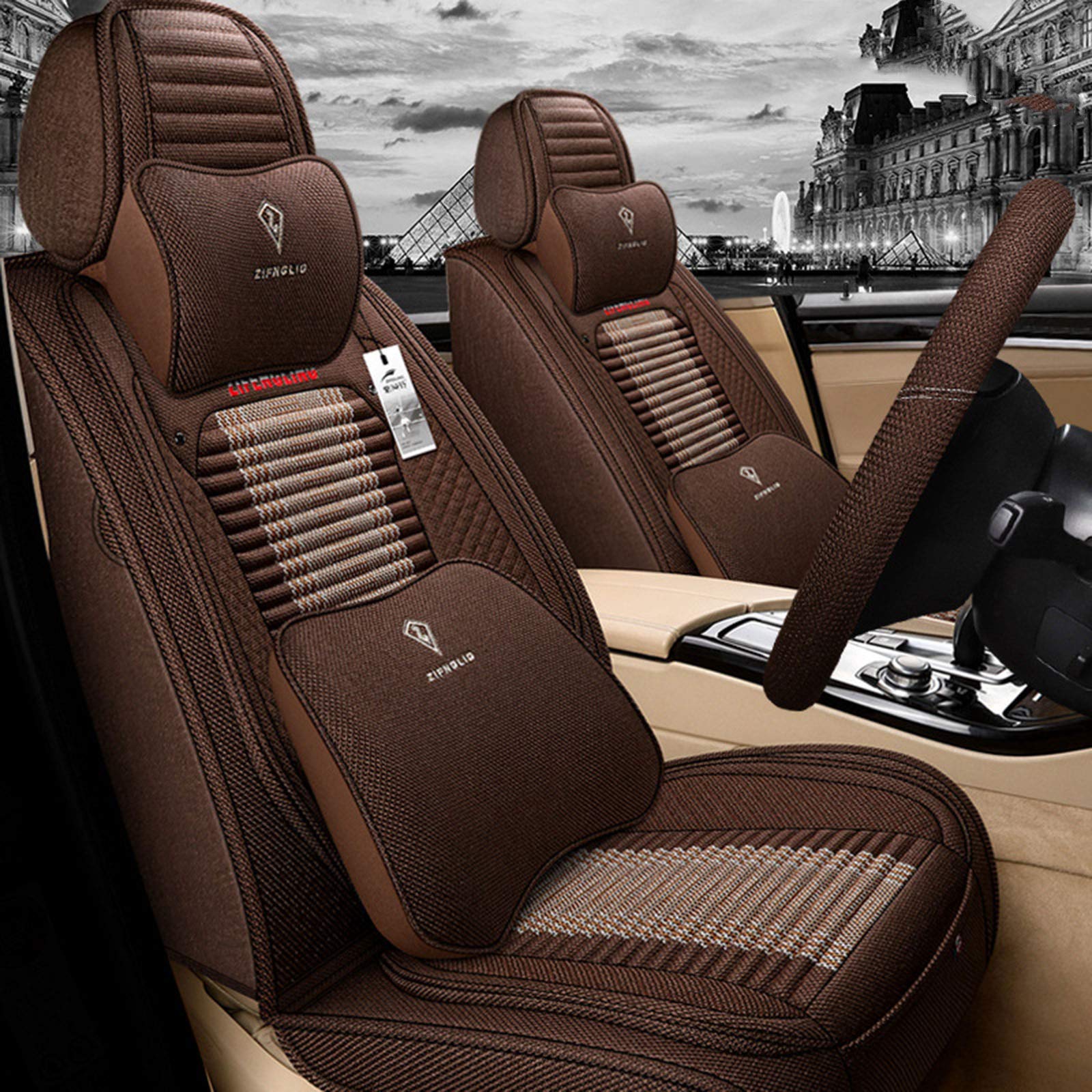 Breathable & Detachable Universal Car Seat Covers - Perfect Fit for SUVs, Cars, Trucks, Sedans & Vans | Premium Linen Material | Brown | Enhance Comfort for Long Drives & Daily Commutes