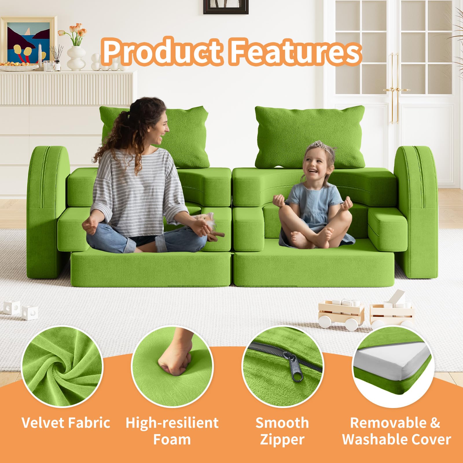 12PCS Modular Kids Play Couch with 2 Pillows & Tunnel - Foldable Toddler Sofa for Playroom & Bedroom - 2000+ Creative Play Ideas - Grass Green - Perfect for Indoor Playtime, Reading Nook & Imaginative Games (Boys & Girls)