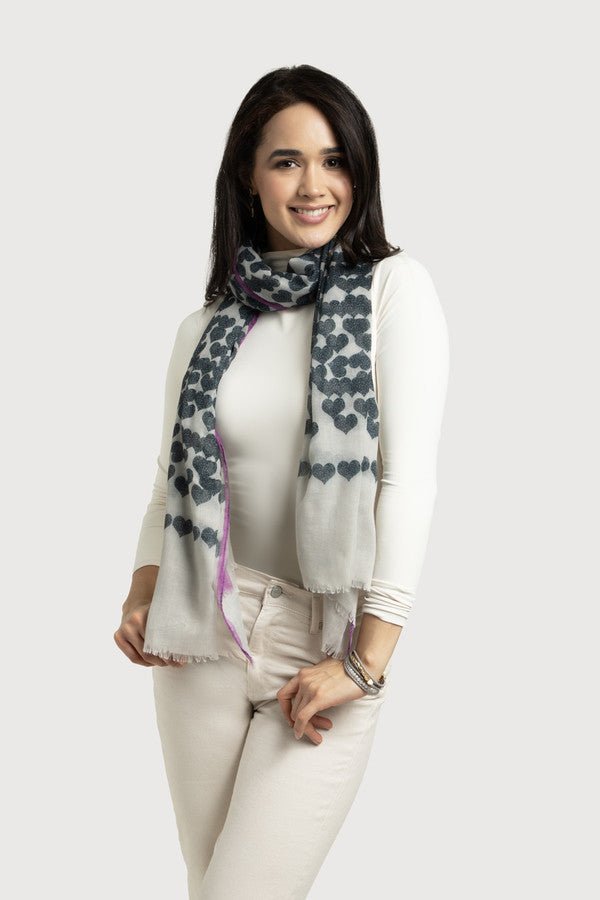 Soft Wool Silk Blend Heart Striped Scarf - Warm Winter Fashion Accessory for Women - Perfect for Cold Weather, Office Wear & Holiday Gifts