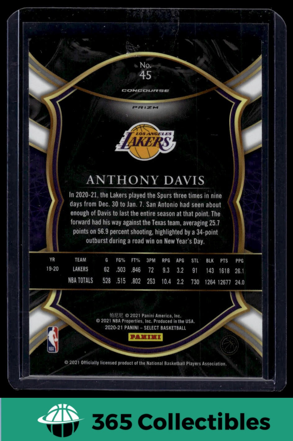 2020-21 Panini Select Anthony Davis Silver Prizm #45 Basketball Card - Los Angeles Lakers NBA Collectible for Fans & Investors | Perfect for Trading, Displaying, and Sports Memorabilia Collections