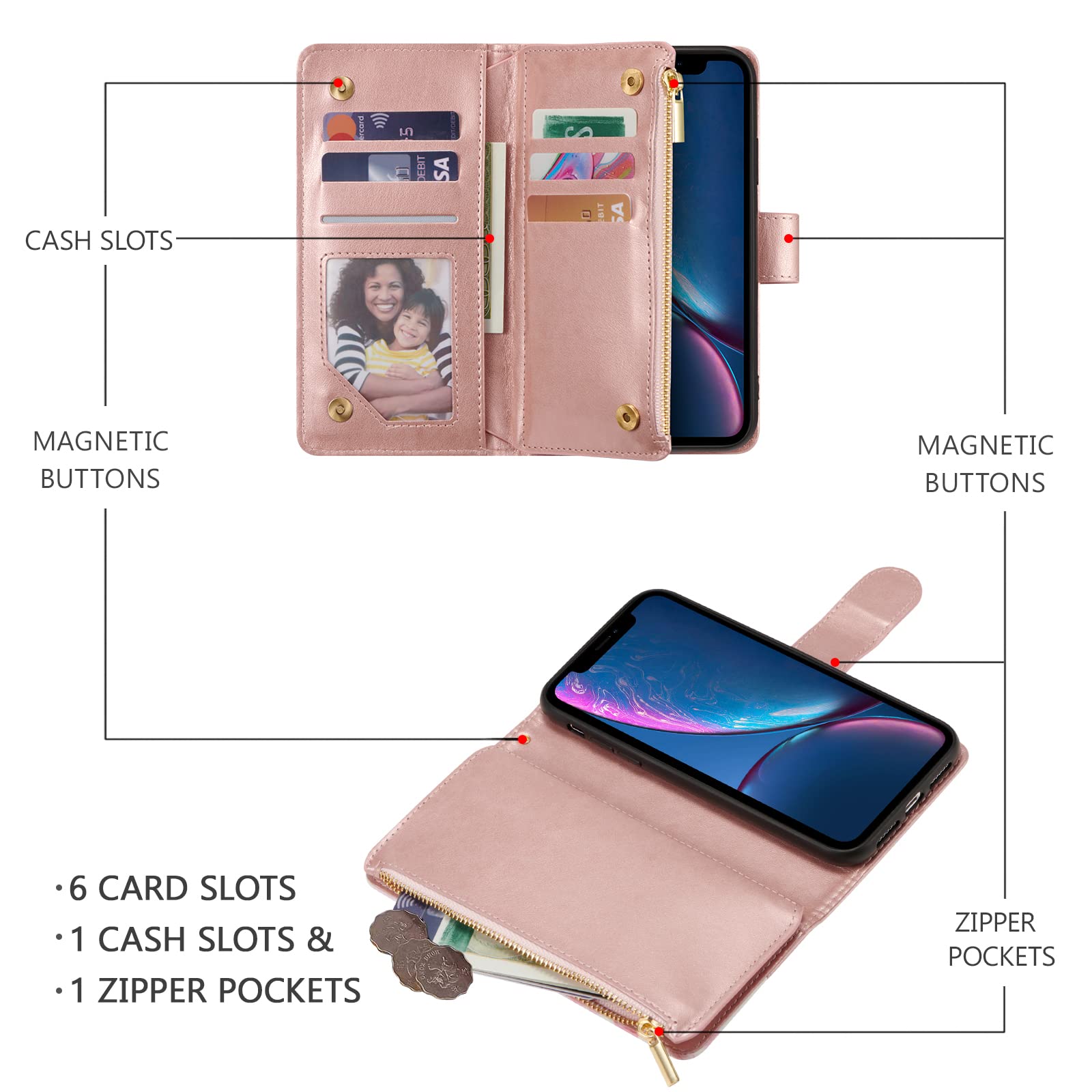 Premium PU Leather Wallet Case for iPhone XR with Magnetic Closure - 3 Card Slots, Zipper Pocket & Hand Strap - Elegant Rose Gold Roses Design | Perfect for Daily Use, Travel & Business (iPhone XR Wallet Phone Case)