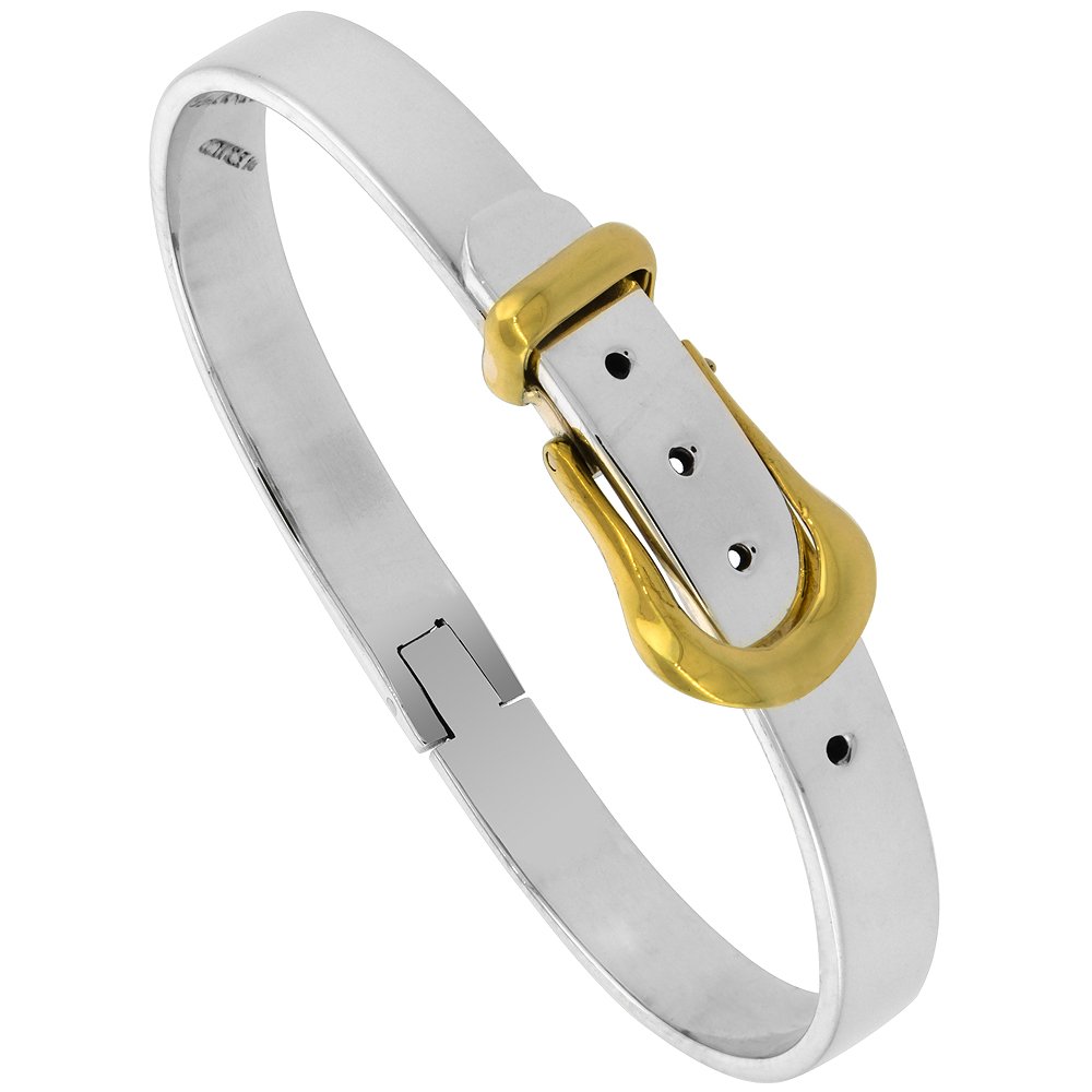 Two-Tone Sterling Silver & Brass Belt Buckle Bracelet - 1/4 Inch Wide Adjustable Bangle for Men & Women - Perfect for Western Fashion, Cowboy Outfits & Everyday Wear