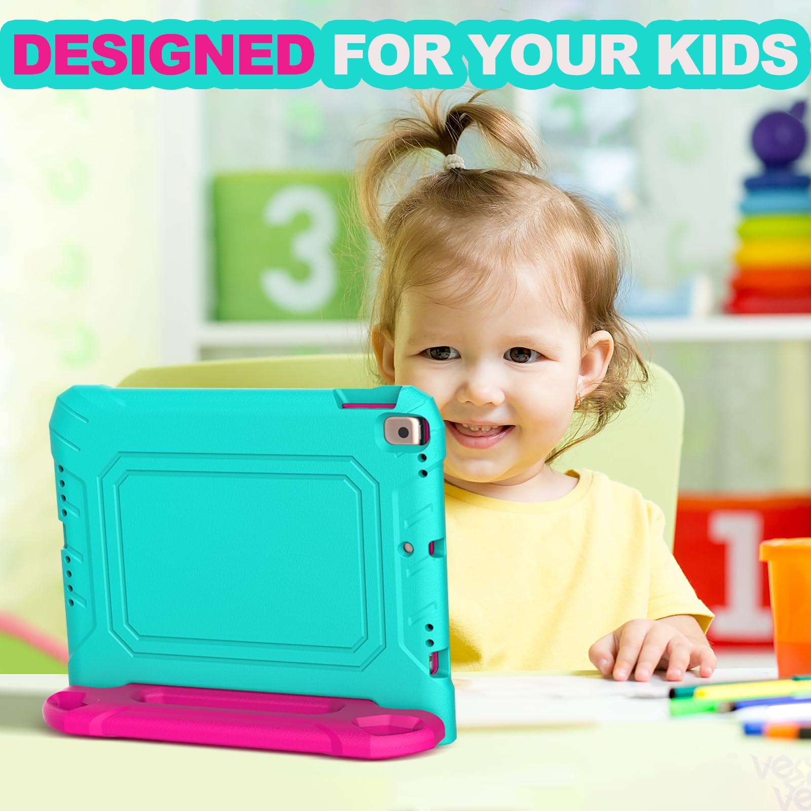 YIHE Shockproof Kids iPad Case for 10.2 Inch (9th/8th/7th Gen 2021/2020/2019), iPad Pro 10.5 & iPad Air 3 - Durable Handle Stand Protective Cover with Screen Protector (Cyan & Pink) - Perfect for School, Travel & Home Learning