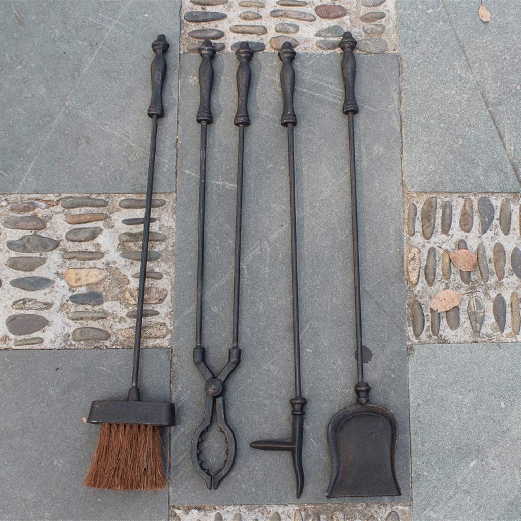 5-Piece Cast Iron Fireplace Tools Set with Wood Holder - Fireplace Tongs, Shovel, Broom & Stand for Indoor Fire Pits, Chimneys & Hearth Maintenance - Rustic Antique Design for Cozy Home Decor