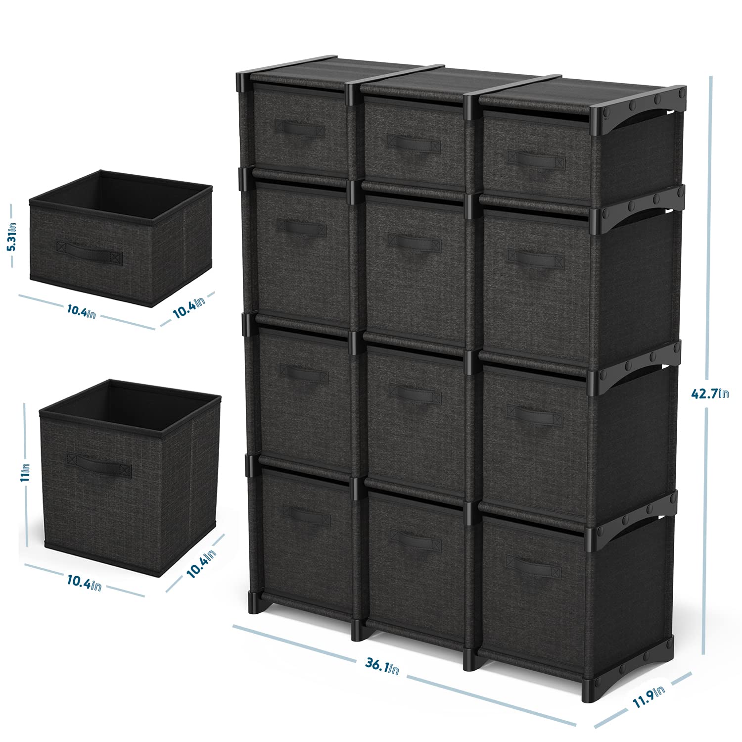 12-Cube Storage Organizer - Black Modular Shelving Unit with Fabric Bins | DIY Closet, Bedroom, Playroom & Office Organization | Space-Saving Storage Solution for Home, Dorm & Kids' Rooms