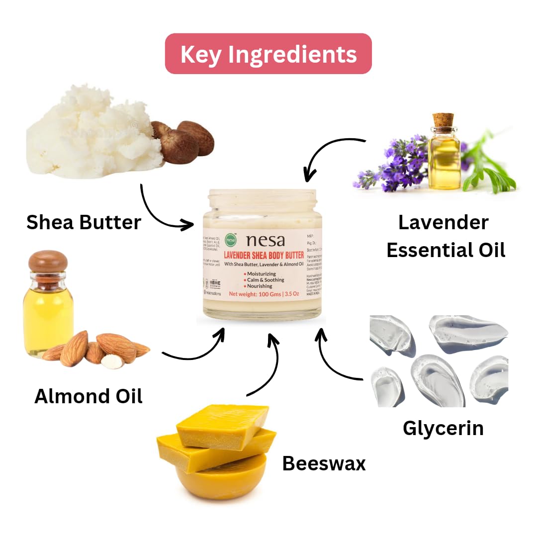 Nesa Lavender Shea Body Butter 100g - Ultra Moisturizing Cream with Shea Butter, Sweet Almond Oil & Lavender Essential Oil for Dry Skin Care - Natural Nourishing Body Lotion for Hands, Feet & Elbows - Perfect for Daily Hydration & Nighttime Skin Repair