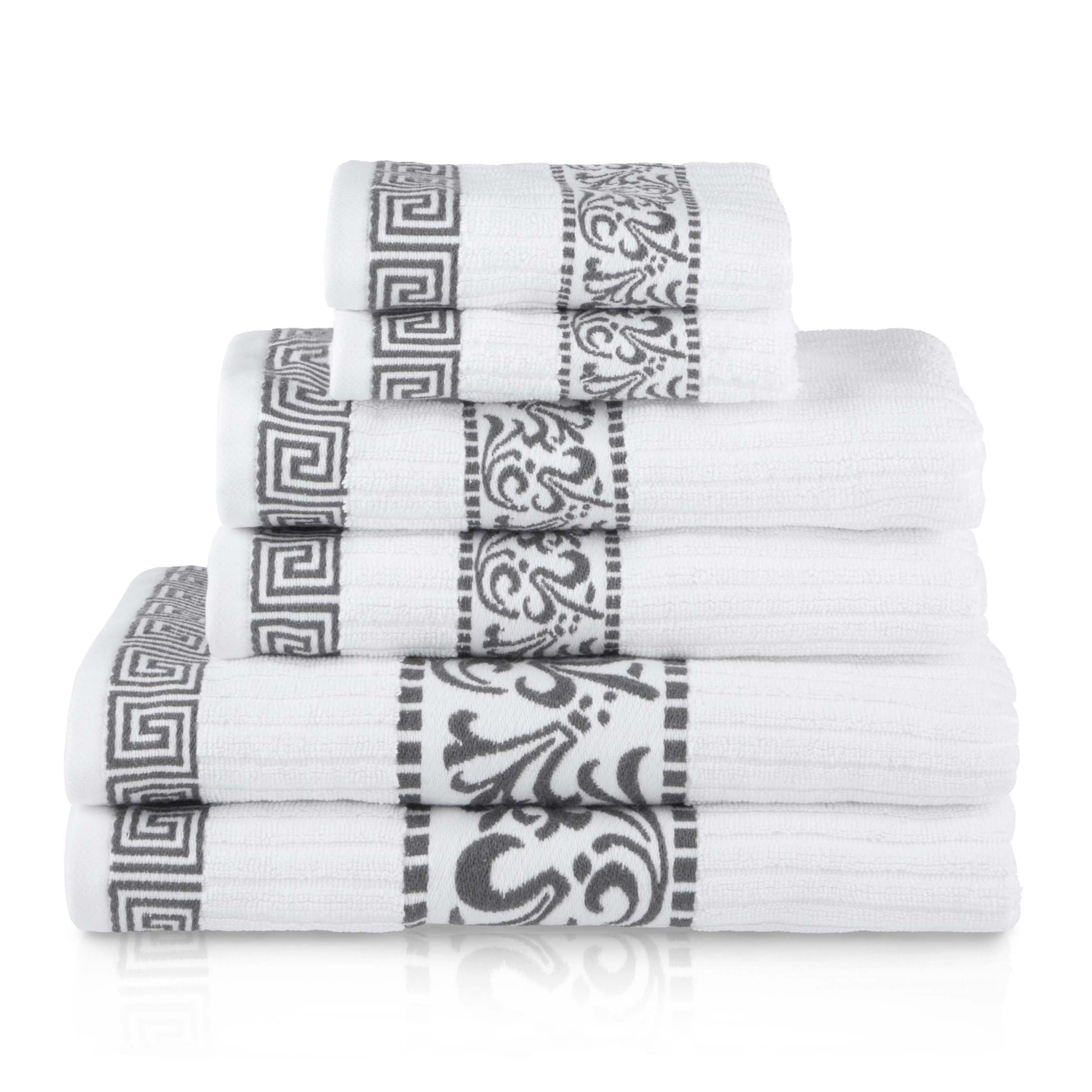 Athens Cotton Greek Scroll and Floral 6-Piece Bath Towel Set - Soft & Absorbent for Bathroom, Spa, and Beach Use
