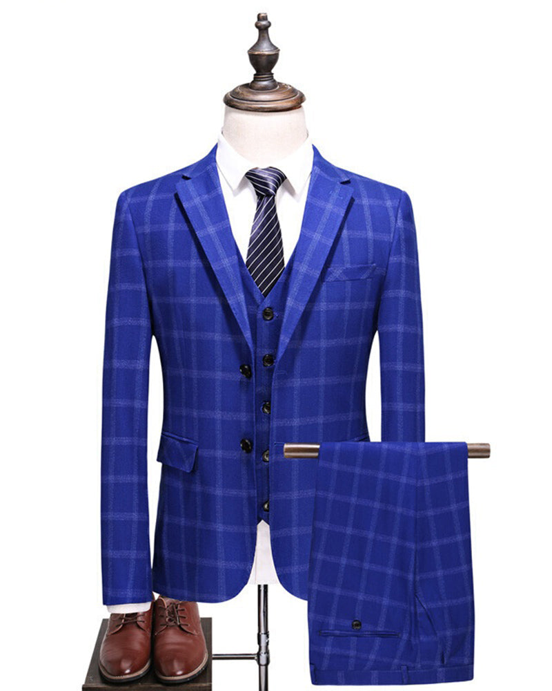 Royal Blue Plaid Wedding Suit 3-Piece Set for Men - Jacket, Pants & Vest (PL554) | Formal Groom Attire, Prom, Special Occasions