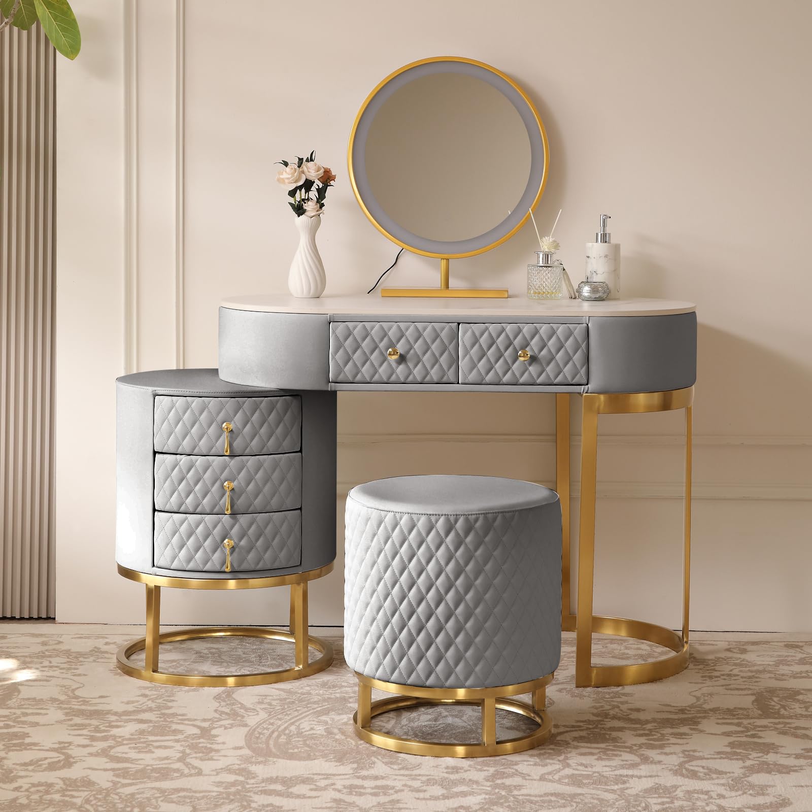 Luxury Faux Leather Vanity Desk Set with LED Mirror & Stool - Perfect for Makeup & Dressing Room