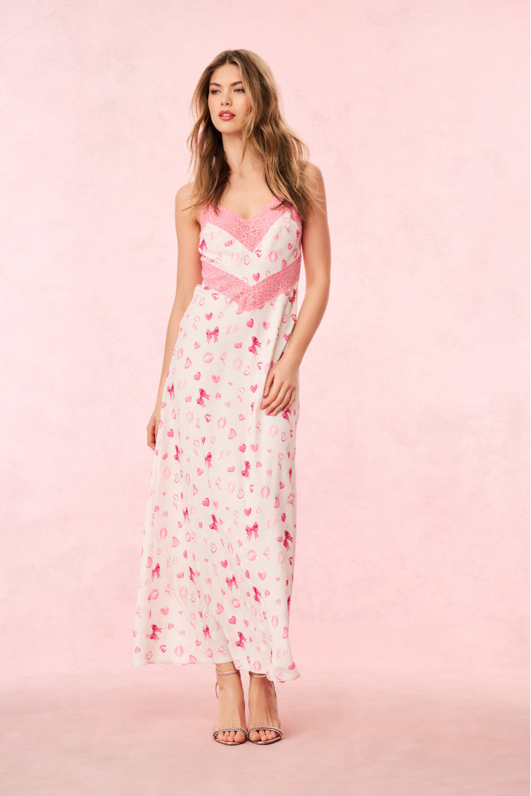 Serita Bow & Kiss Print Maxi Dress - Floral Summer Dress for Women, Elegant Long Dress with Bow Detail, Perfect for Beach Wedding, Vacation & Date Night