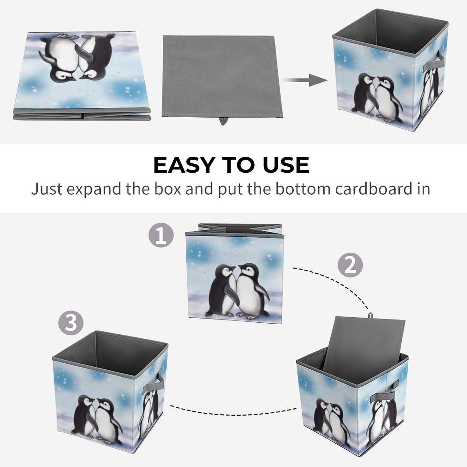 Collapsible Storage Cubes with Handles - 10.6×10.6 Inch Foldable Organizer Bins | I Love Penguins Printed Design for Bedroom, Closet & Kids Room Organization