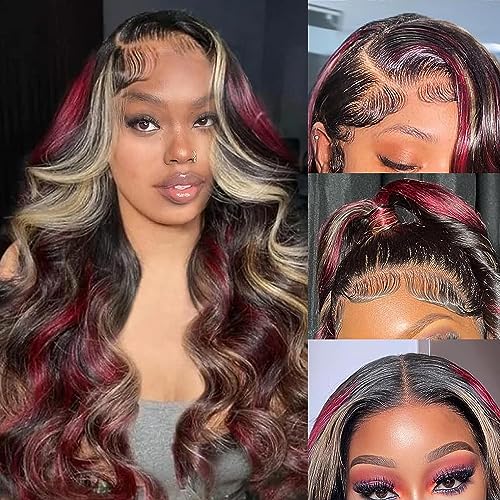 Litmisr Skunk Stripe Wigs - Black Red Blonde Highlights Human Hair Wig | 13x4 HD Lace Front | 150% Density | Pre-Plucked with Baby Hair | Body Wave | 16 Inch | Perfect for Cosplay, Halloween & Fashion Events