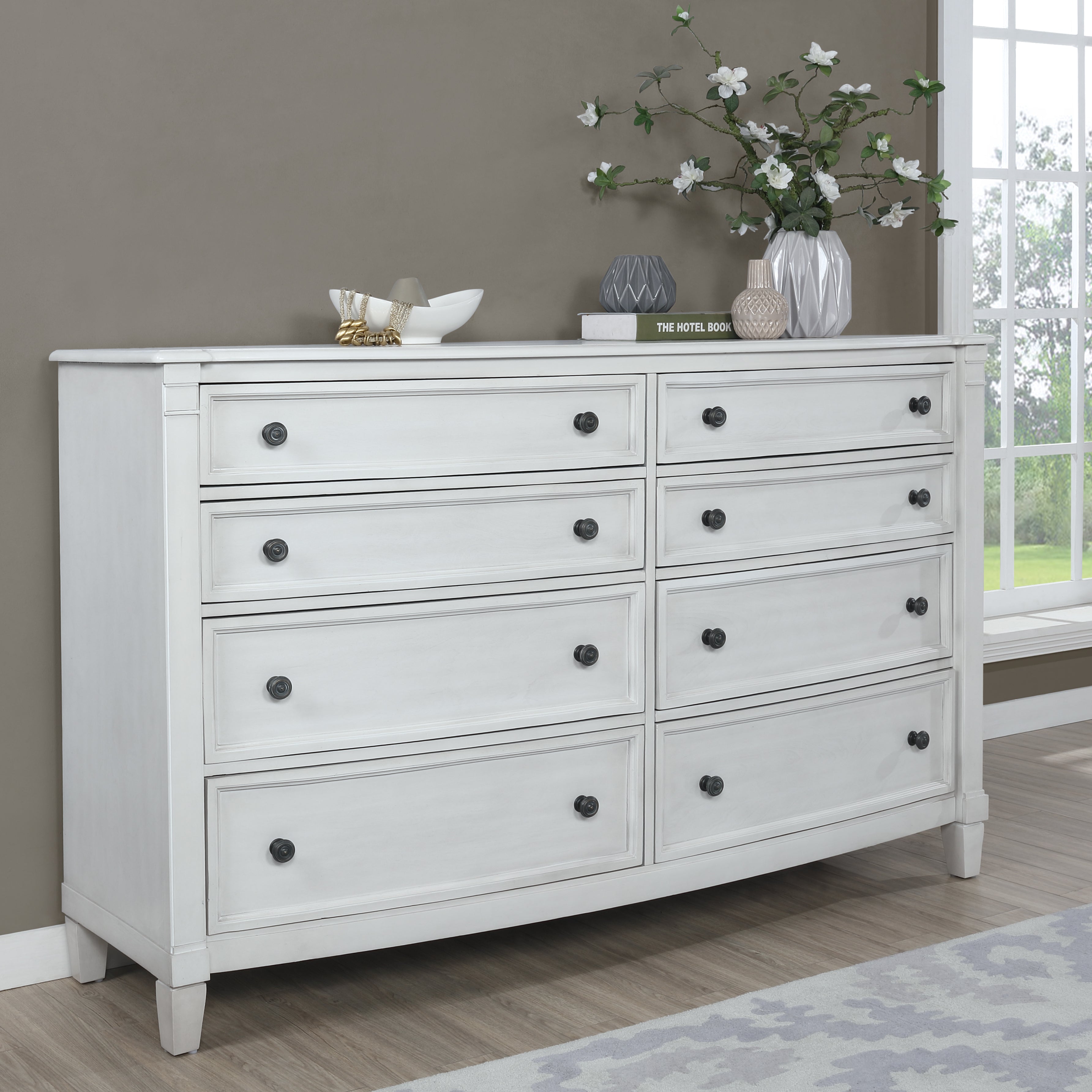 White Saline Wood Planked 8-Drawer Dresser - Rustic Farmhouse Bedroom Furniture for Storage & Organization