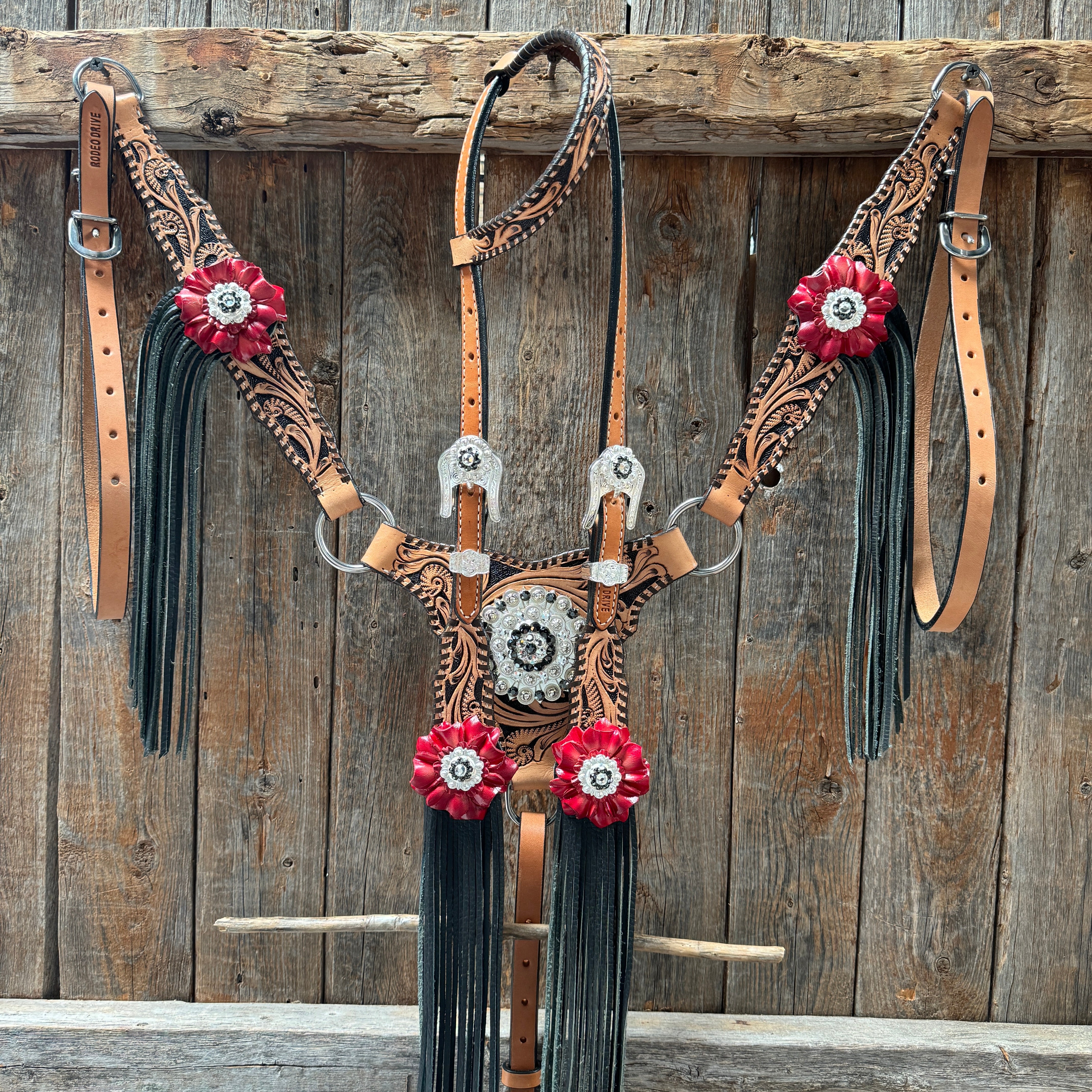 Floral Whipstitch Black and Red Browband with One Ear Triangle & Gladiator Breastcollar Tack Set #BBBC642 for Equestrian Show & Dressage Riding