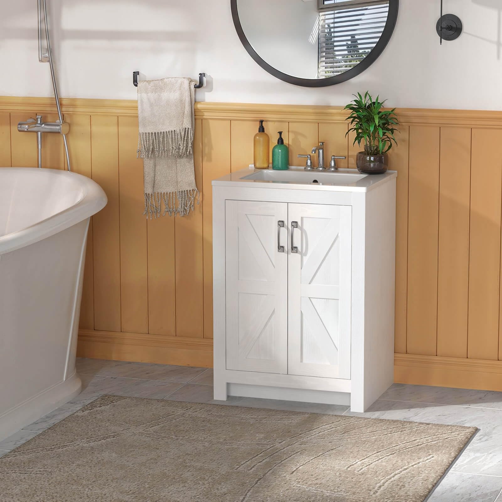 24 Inch Modern Bathroom Vanity with Ceramic Sink - 2 Door 2 Tier Storage Cabinet, Thickened Wood Construction - Perfect for Small Bathrooms, Powder Rooms & Guest Baths