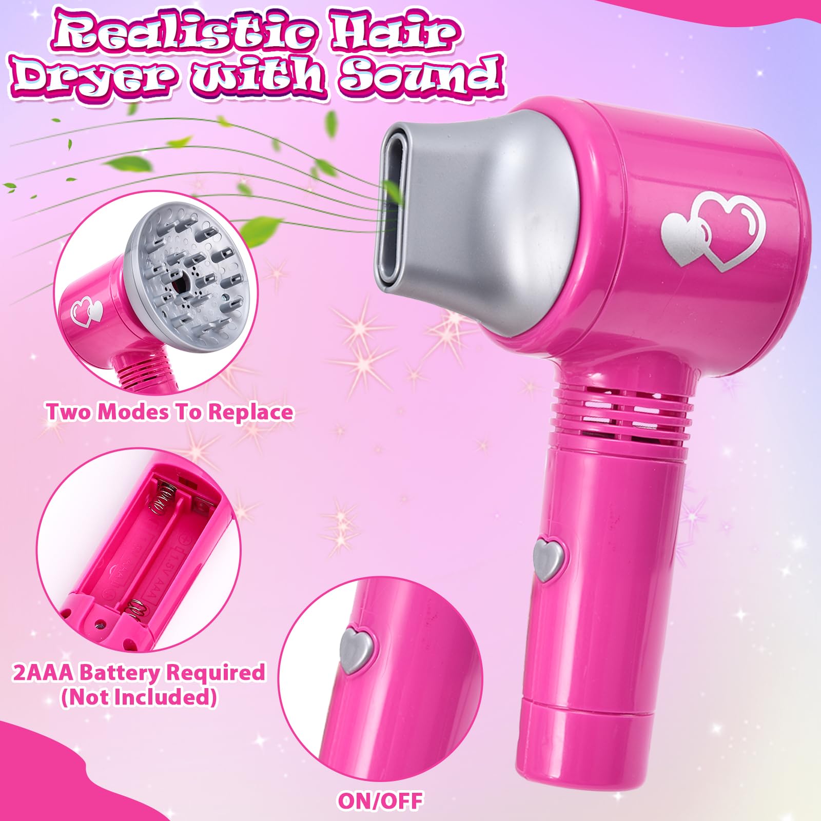 Lorfancy 49-Piece Kids Pretend Play Hair Salon & Beauty Makeup Set with Hairdryer, Apron, Curling Iron, Flat Iron, Mirror & Scissors - Toddler Dress Up Toys for Girls - Perfect Birthday Gift for Pretend Play, Role Play & Creative Fun