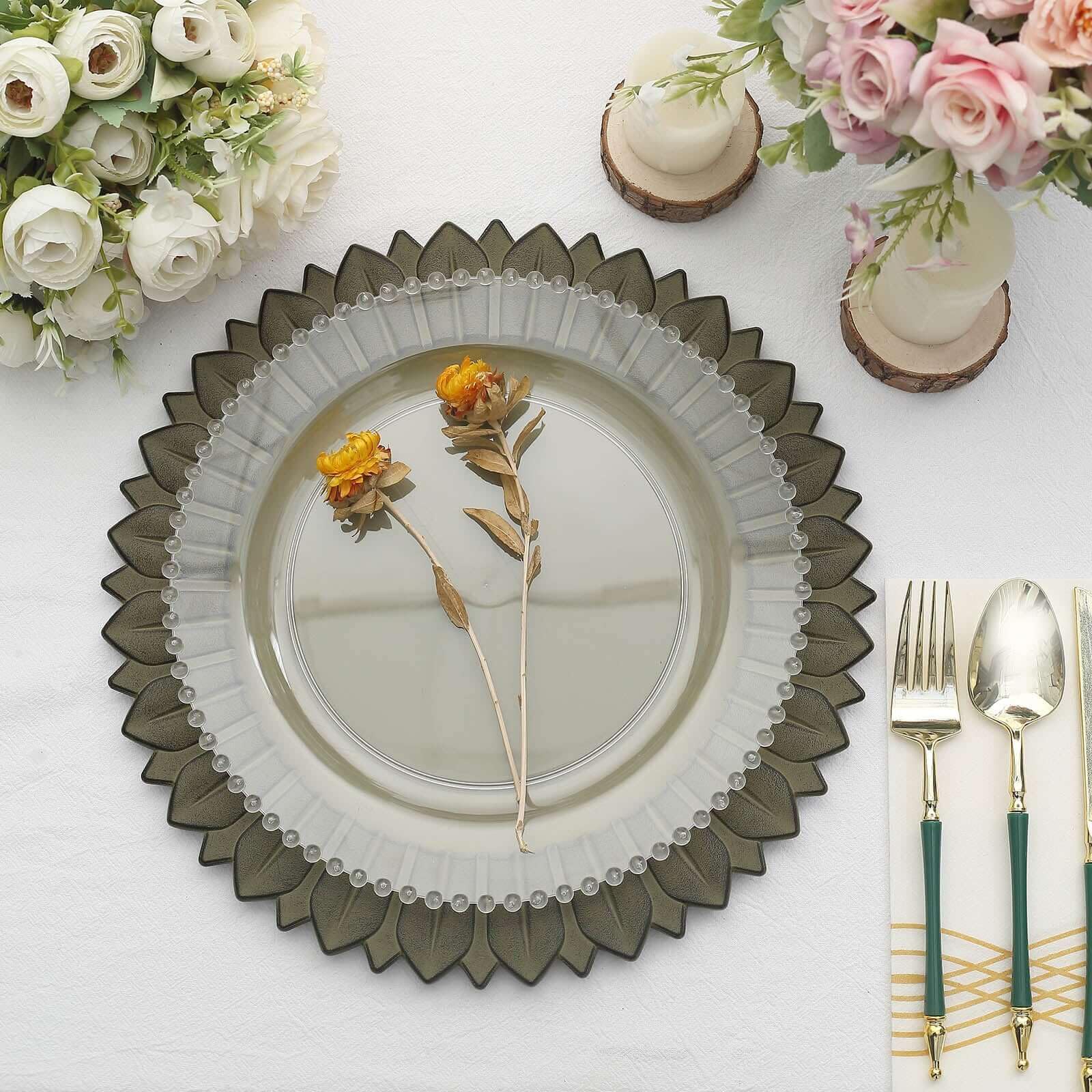 Efavormart 6 Pack 13 Inch Matte Olive Green Sunflower Plastic Charger Plates - Disposable Round Serving Trays for Weddings, Parties, and Events - Elegant Dinnerware for Home Decor and Special Occasions