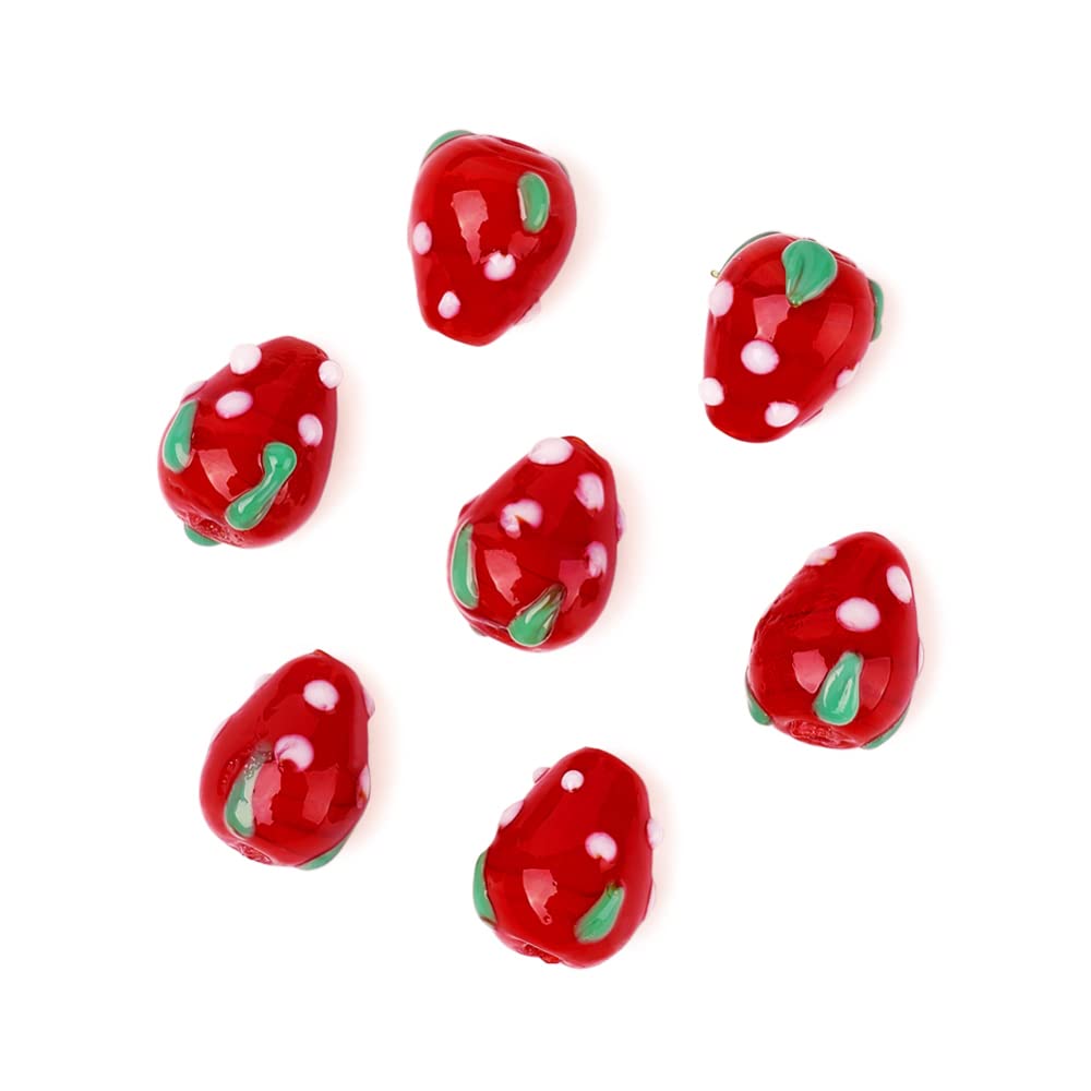 Cheriswelry 12pcs Red Strawberry Handmade Lampwork Glass Beads - 3D Cute Fruit Spacer Beads 16x11mm Center Drilled for DIY Jewelry Making, Earrings, Bracelets, Necklaces, Craft Supplies - Perfect for Summer Accessories & Gift Ideas