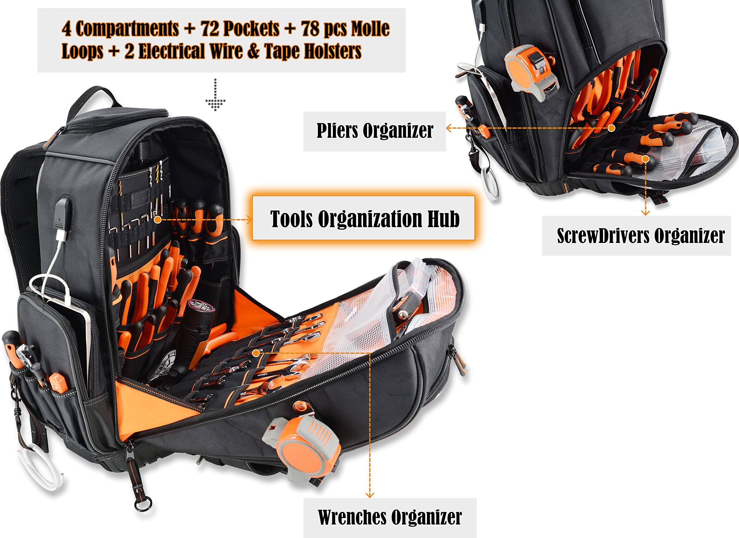 72-Pocket Rolling Tool Backpack - Large Wheeled Tool Bag for Electricians & Contractors | Heavy-Duty Mobile Work Storage for Job Sites & Home Repairs