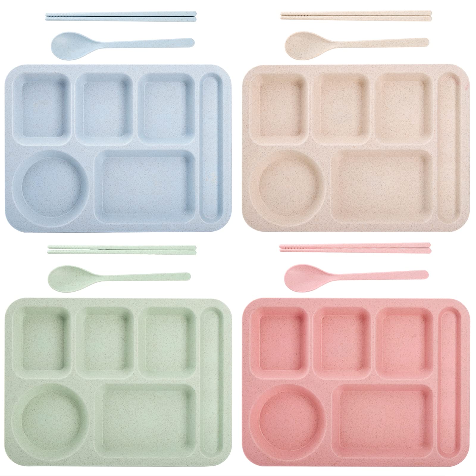 TOPZEA 4-Pack Unbreakable Wheat Straw Divided Plates - 6 Compartment BPA-Free Plastic Dinner Plates for Adults & Kids, Microwave & Dishwasher Safe (14