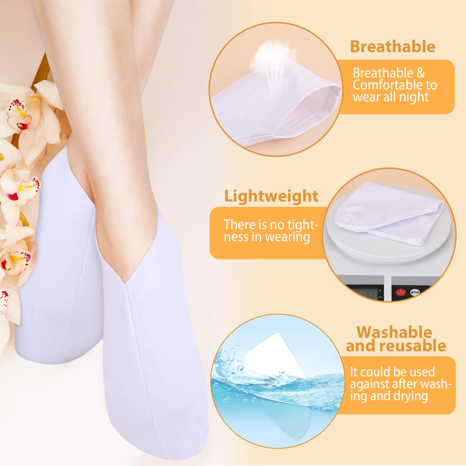 3 Pairs Moisturizing Socks for Dry Cracked Feet - Soft Cotton Foot Spa Socks with Deep Hydration for Calluses, Rough Skin & Cracked Heels - 8.26 Inch White Cosmetic Socks - Perfect for Overnight Foot Care & Relaxing Spa Treatments
