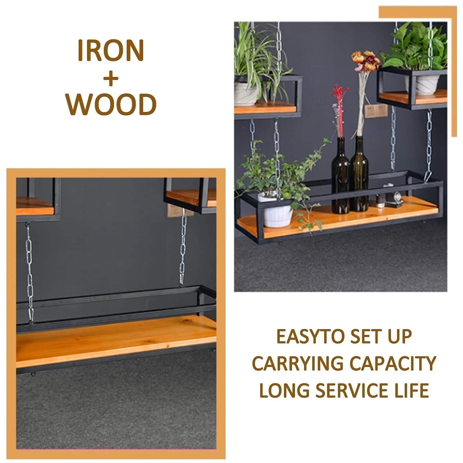 Modern Black Iron Chain & Wood Ceiling Hanging Kitchen Organizer - 1 Tier Wine Glass Rack, Flower Stand, Pot Pan Holder - Space-Saving Storage Solution for Kitchen, Dining Room & Living Room Decor