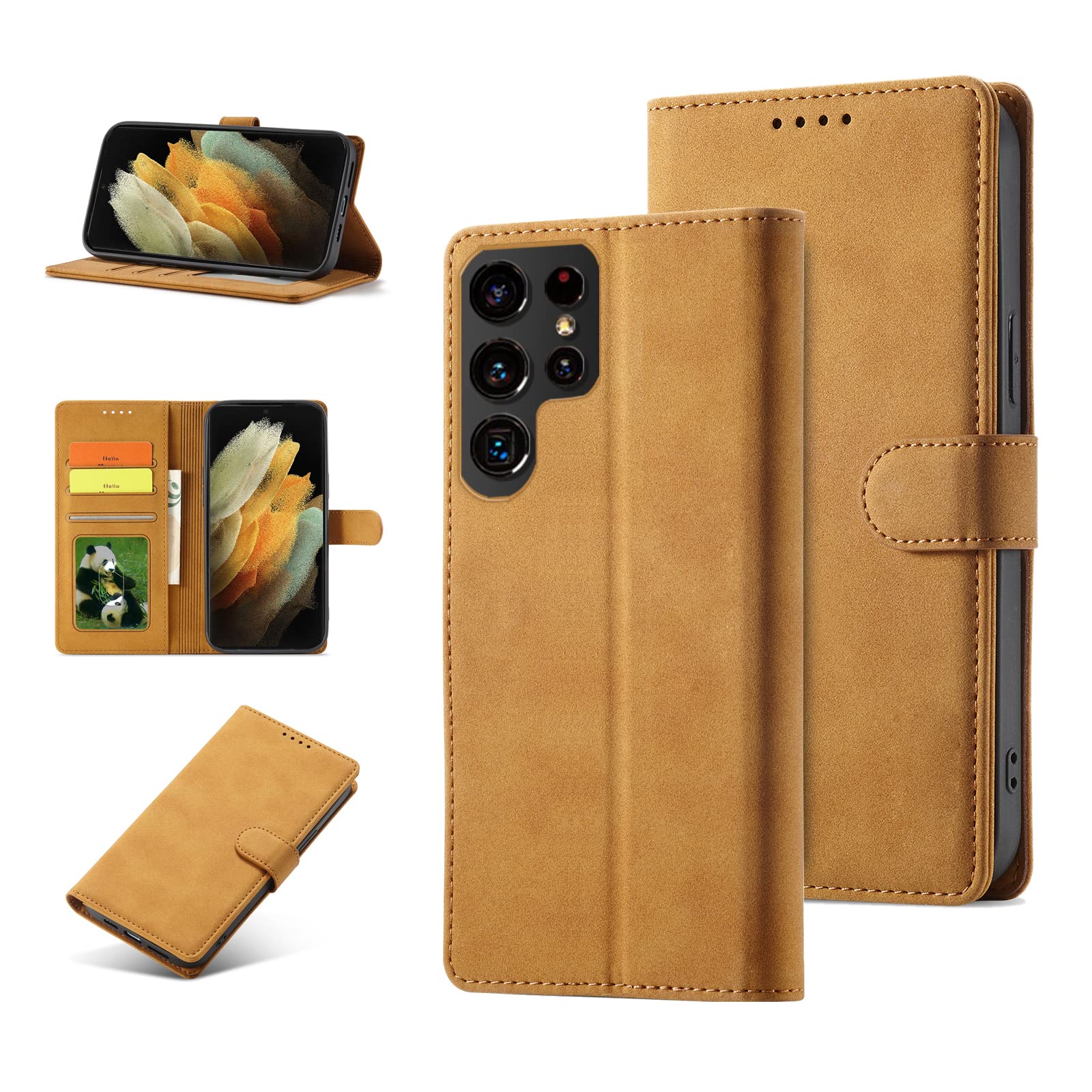 Samsung Galaxy S22 Ultra RFID Blocking Leather Wallet Case with Magnetic Flip Cover & Card Holders - Slim Full Body Protection for Men & Women (Brown) - Perfect for Travel, Business & Everyday Use