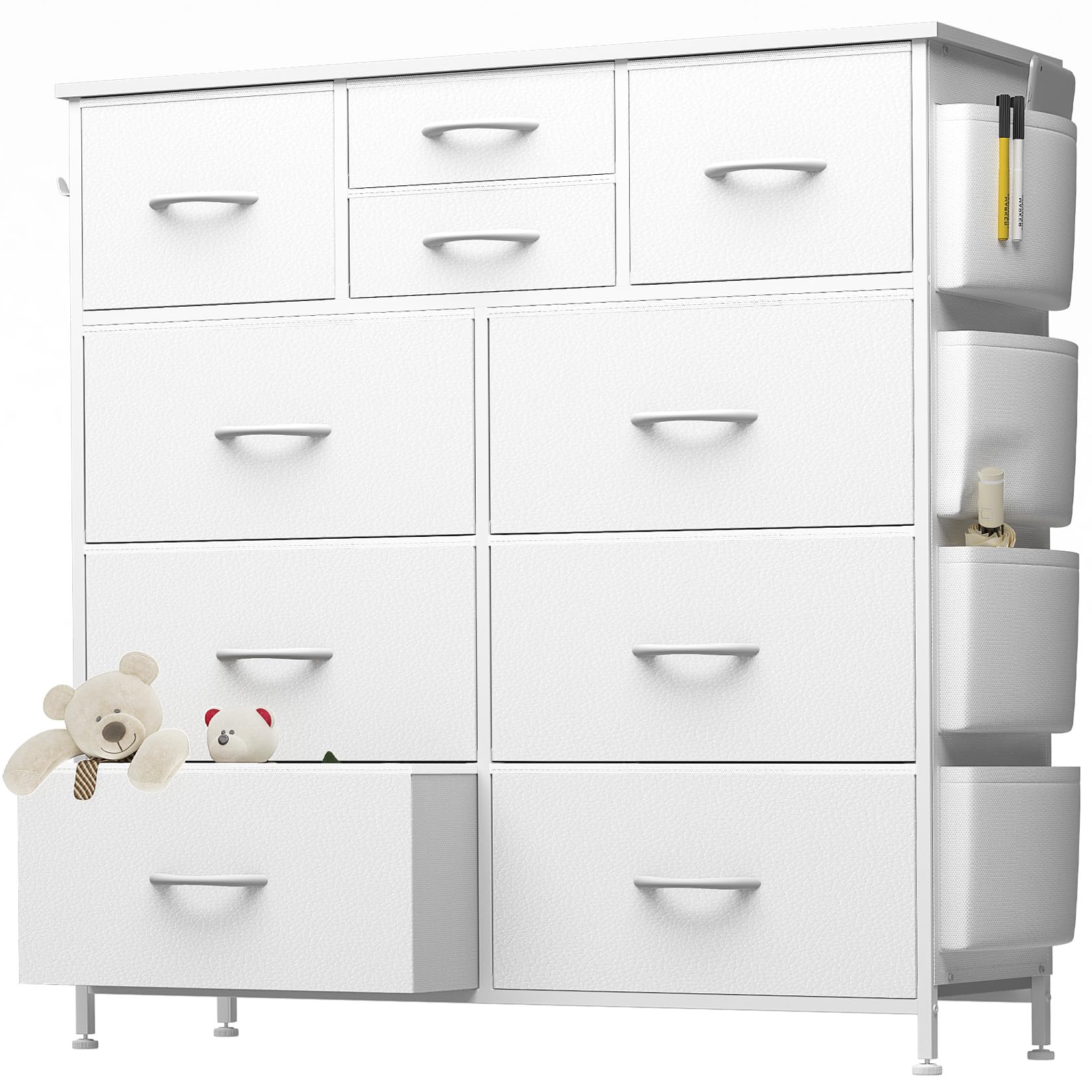 10-Drawer Dresser for Bedroom - PU Storage Chest with Wooden Top & Metal Frame, Side Pockets & Hooks - Perfect for Living Room, Closet, Hallway Organization (White) - Ideal for Small Spaces & Home Decor